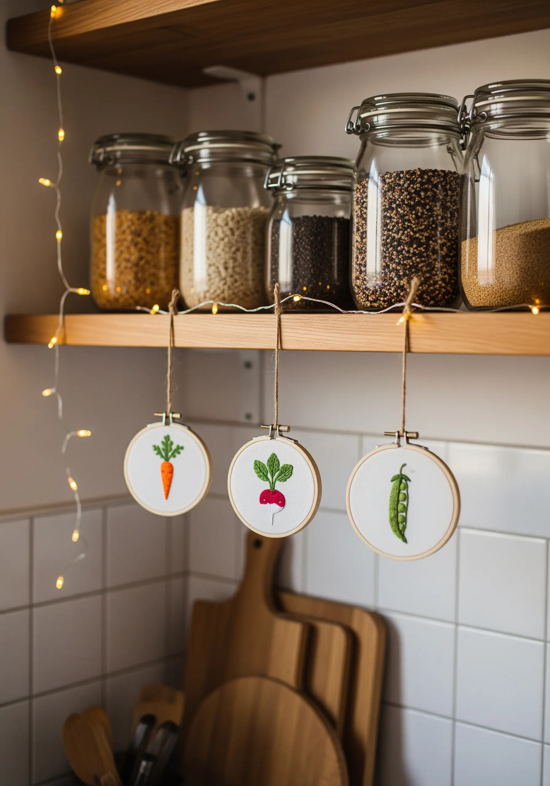 Three small embroidery hoops with vegetable motifs hanging from a pantry shelf.