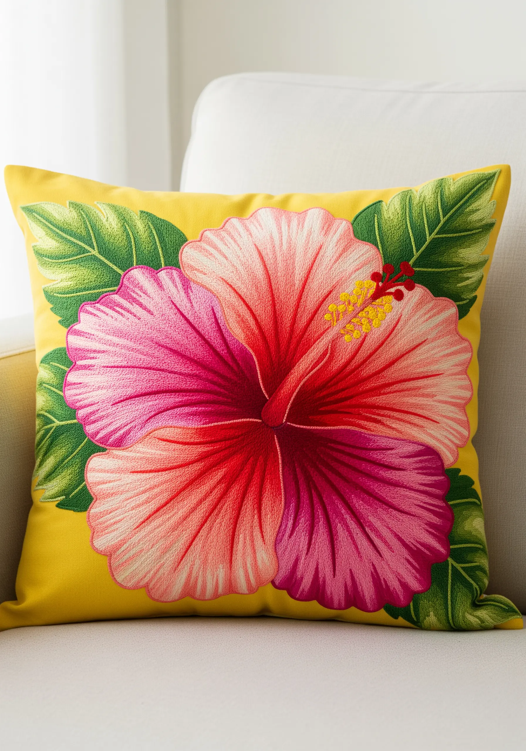 A large hibiscus flower with pink and red gradients embroidered on a yellow cushion.