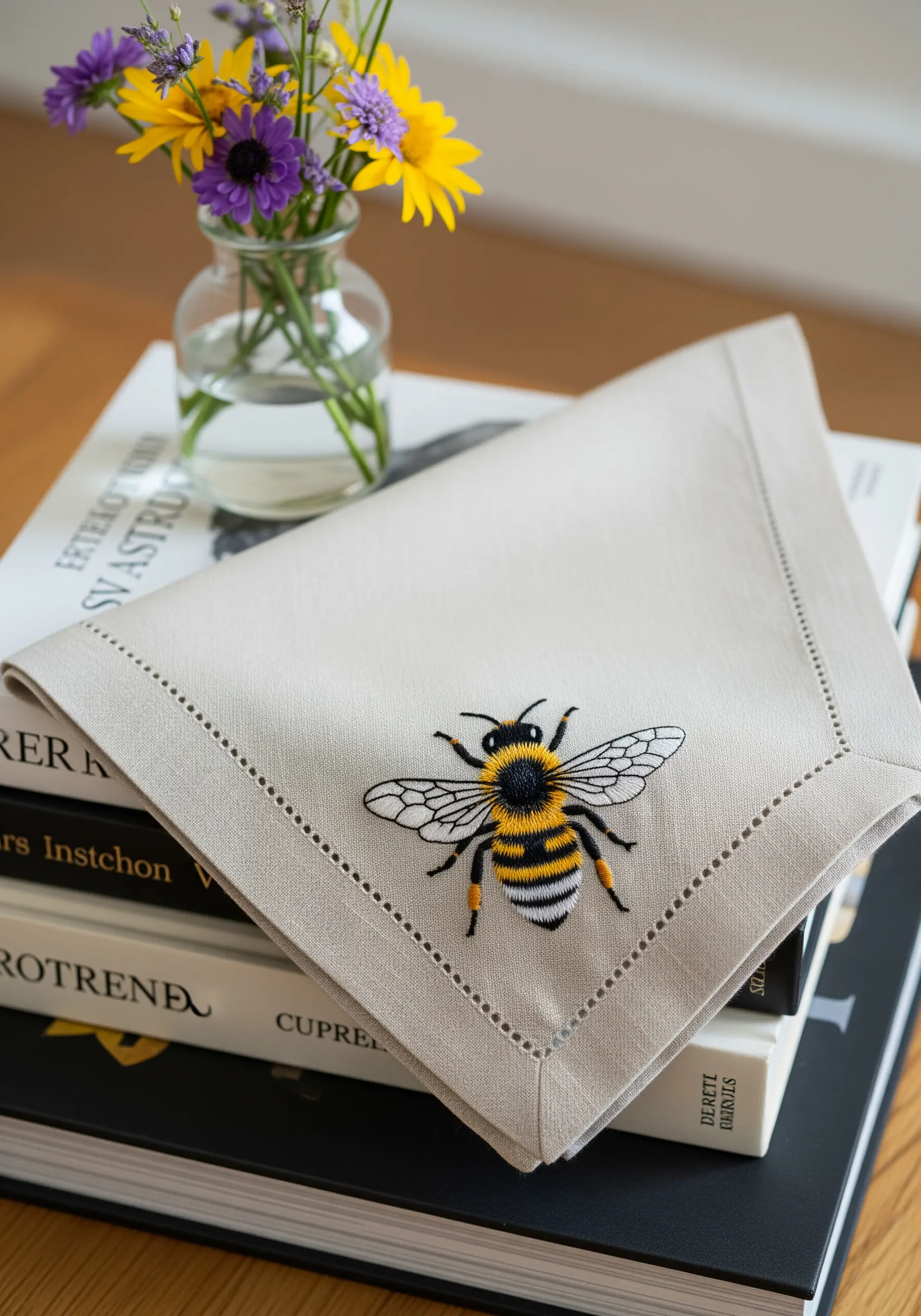 A highly detailed, realistic embroidered bee on the corner of a neutral linen napkin.