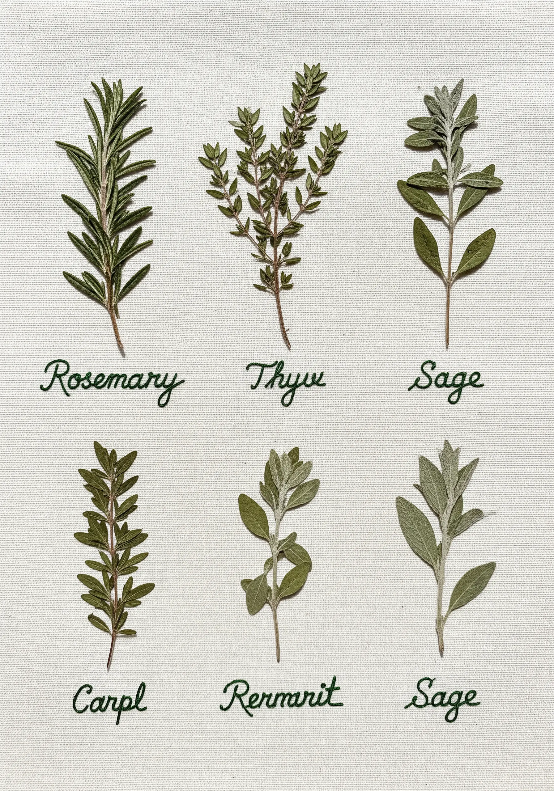 A botanical chart with pressed herbs like rosemary and thyme, labeled with cursive embroidery.