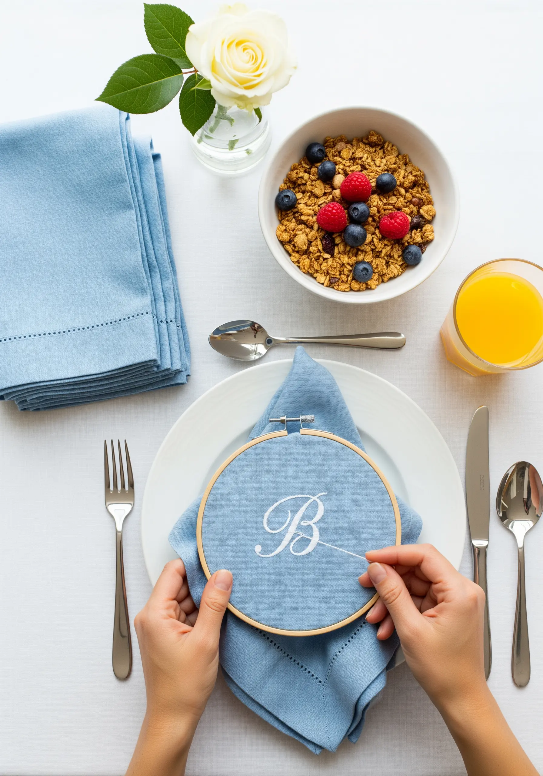 A cursive letter 'B' being stitched in white thread on a blue linen napkin set for breakfast.
