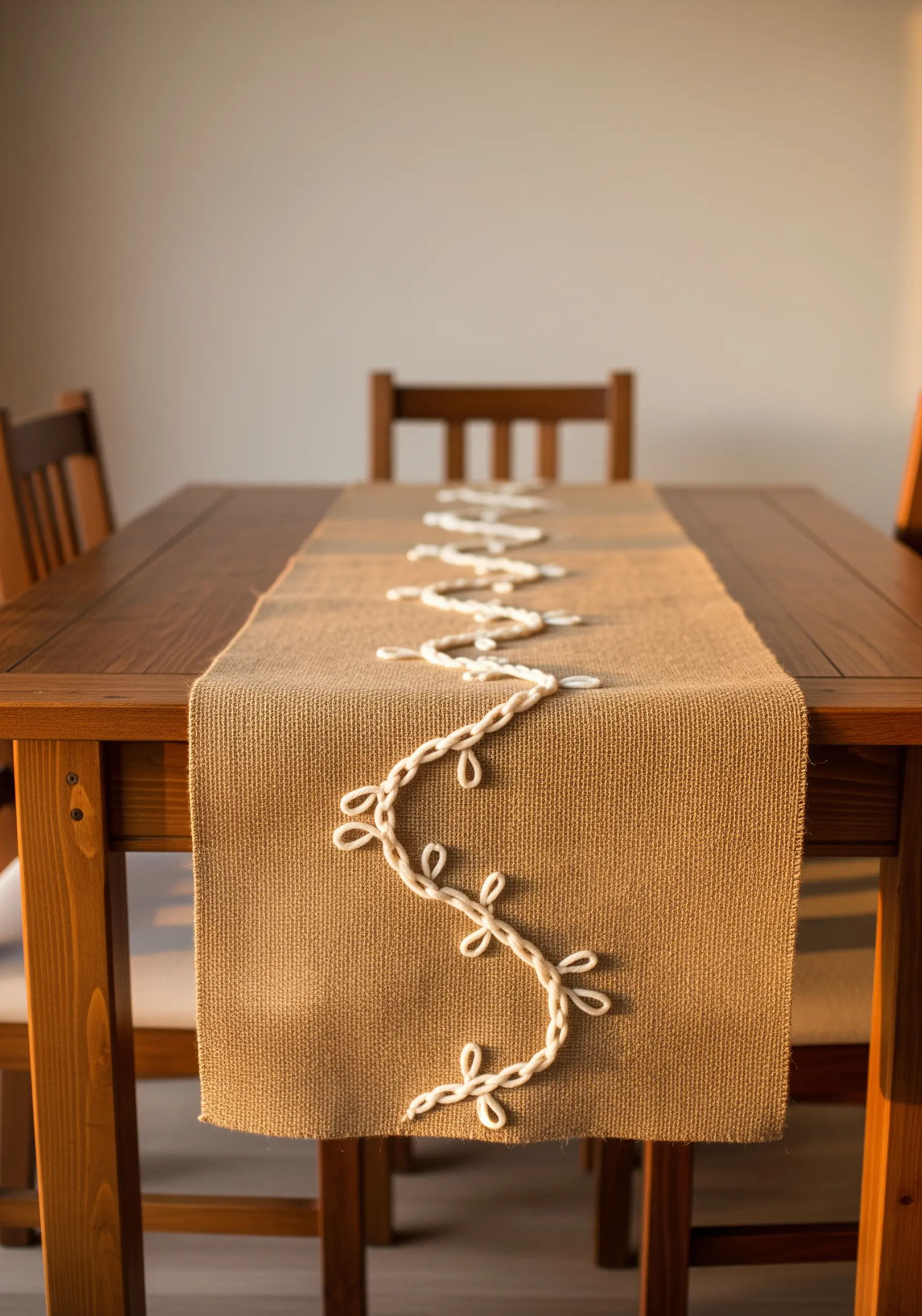 A thick, off-white cord couched in a swirling vine pattern down the center of a burlap table runner.