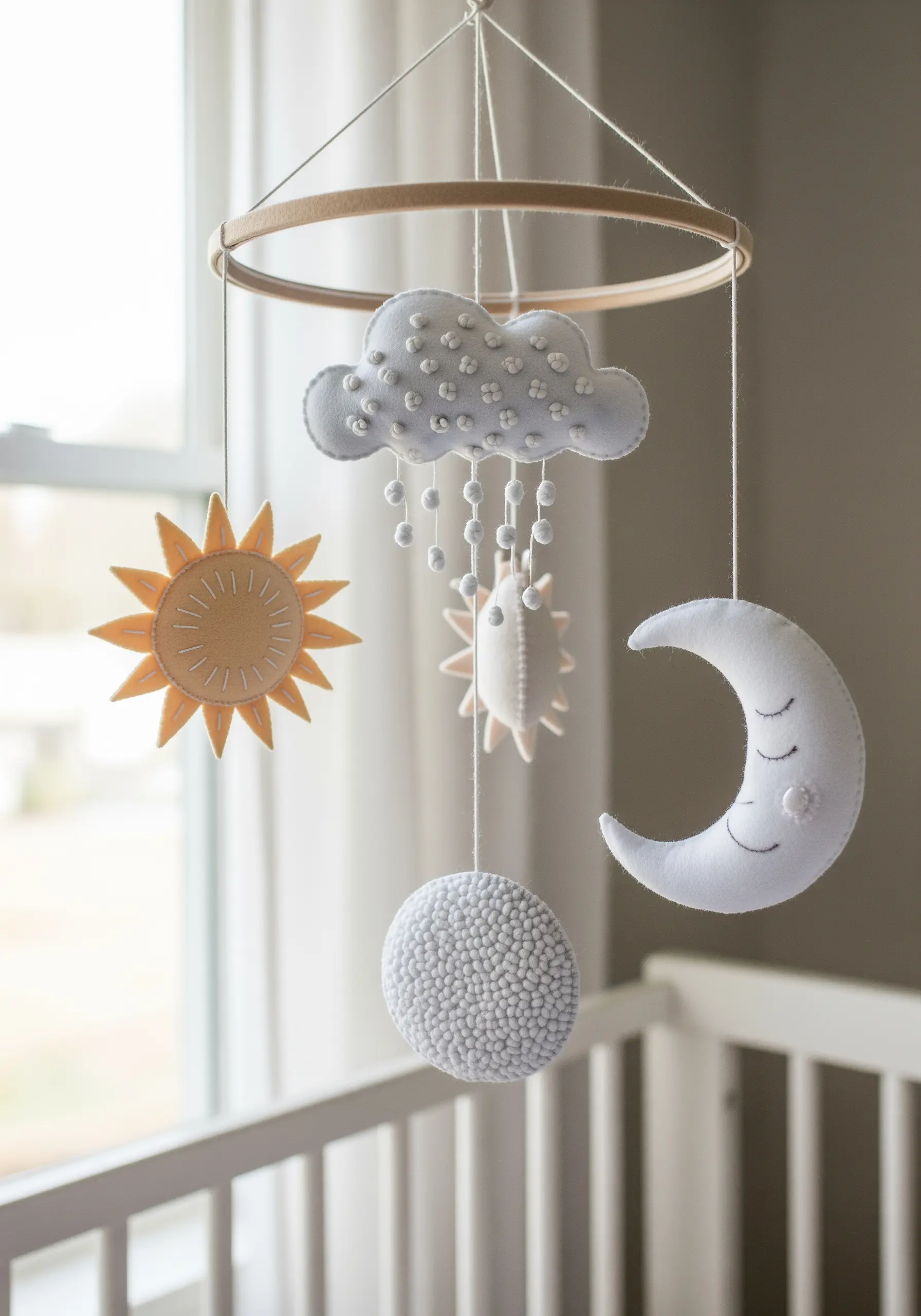A baby mobile made from felt shapes of a sun, moon, and clouds, embellished with simple embroidery.