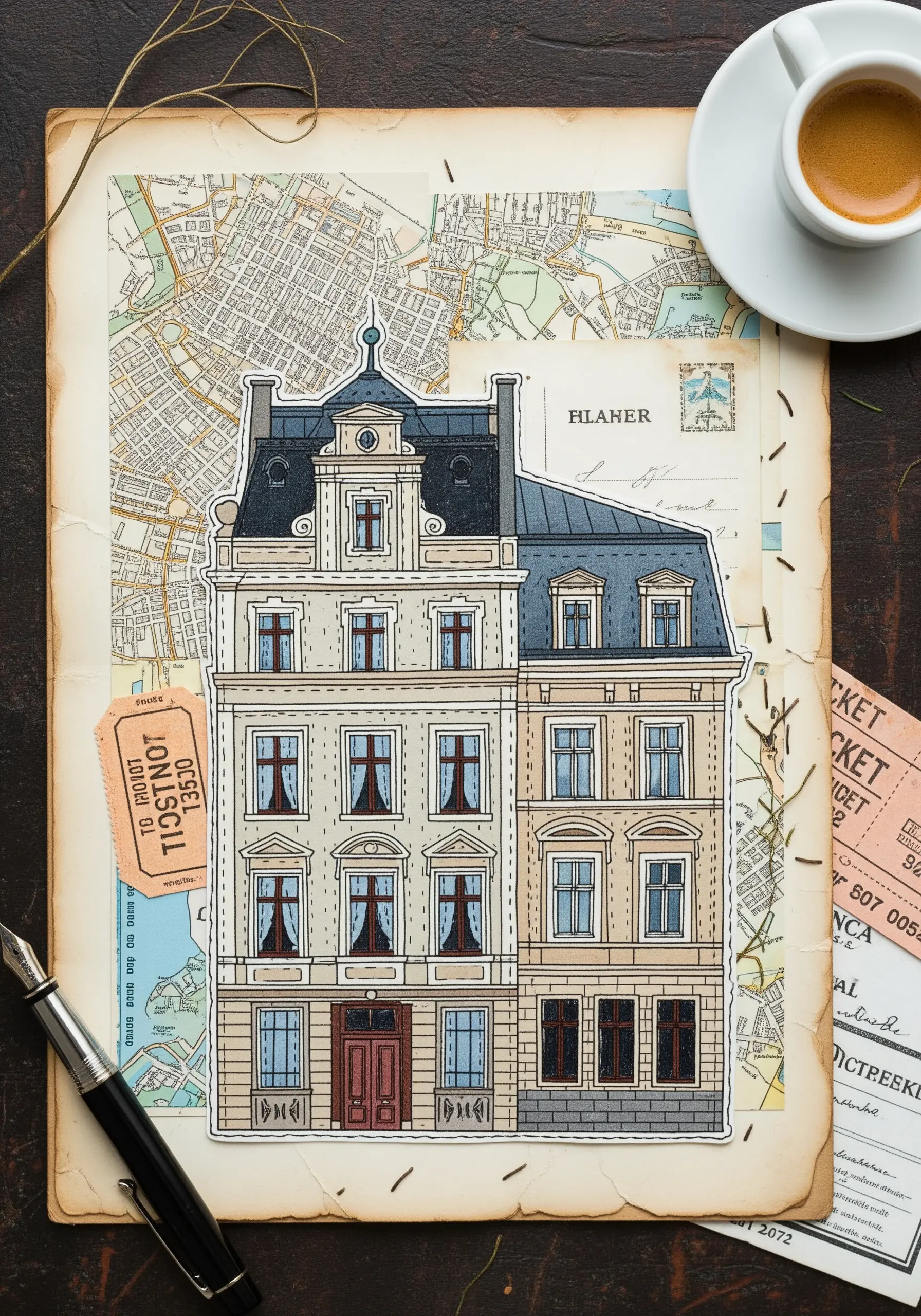 An architectural illustration collaged onto a map, held in place with tiny running stitches.