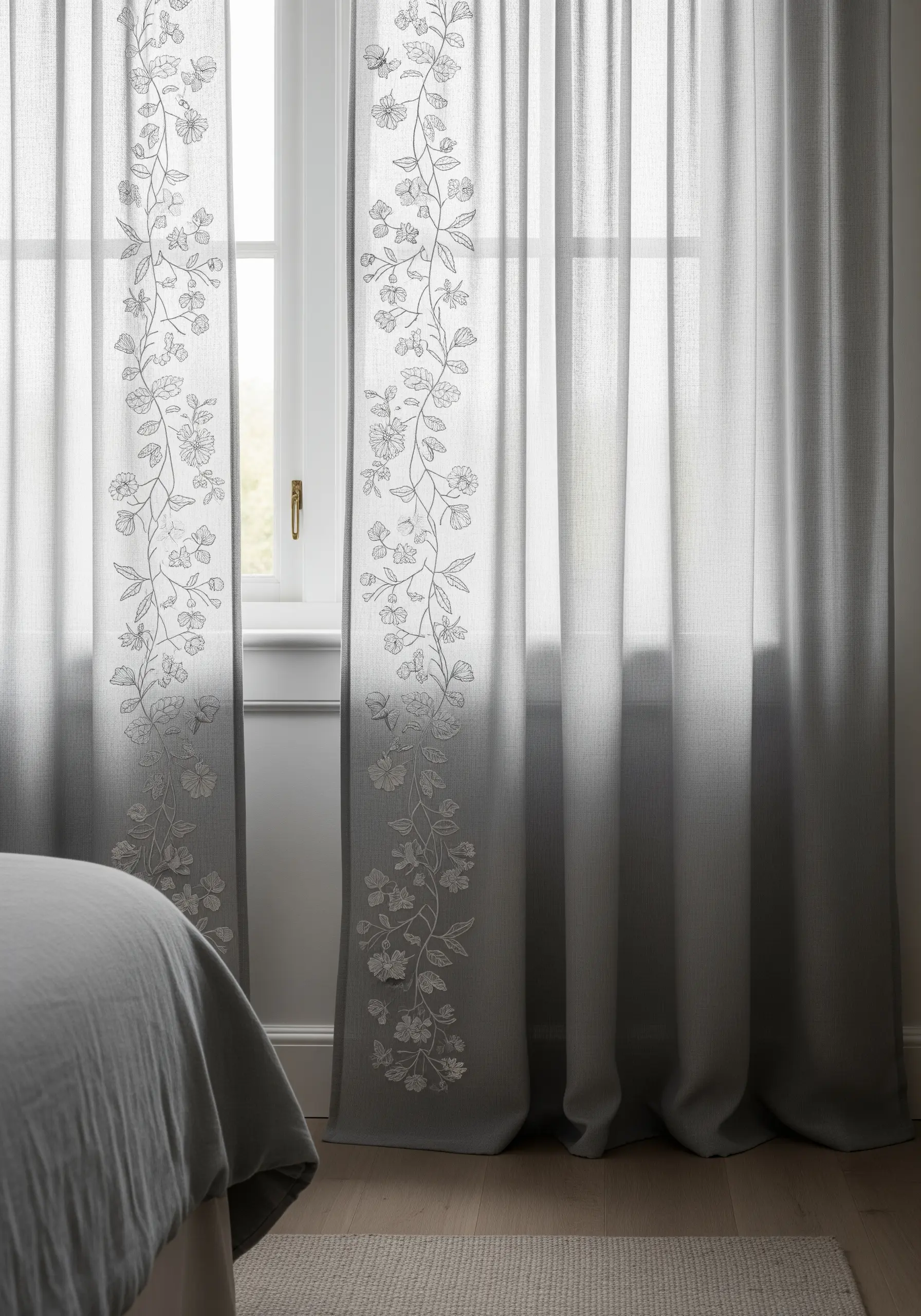 Sheer grey curtains with a delicate, tone-on-tone floral vine embroidered along the border.