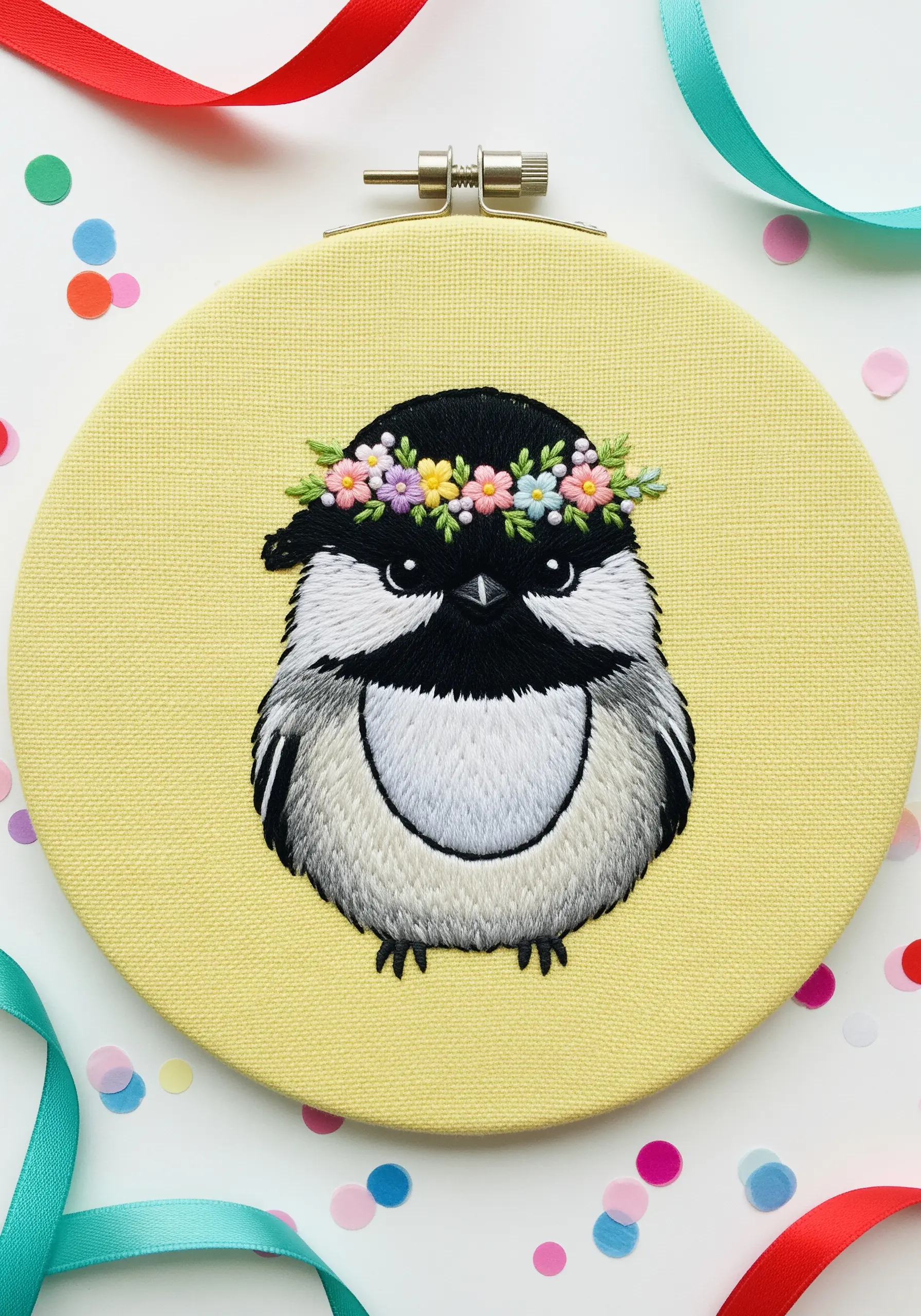 A fluffy chickadee embroidery wearing a colorful, 3D floral crown.
