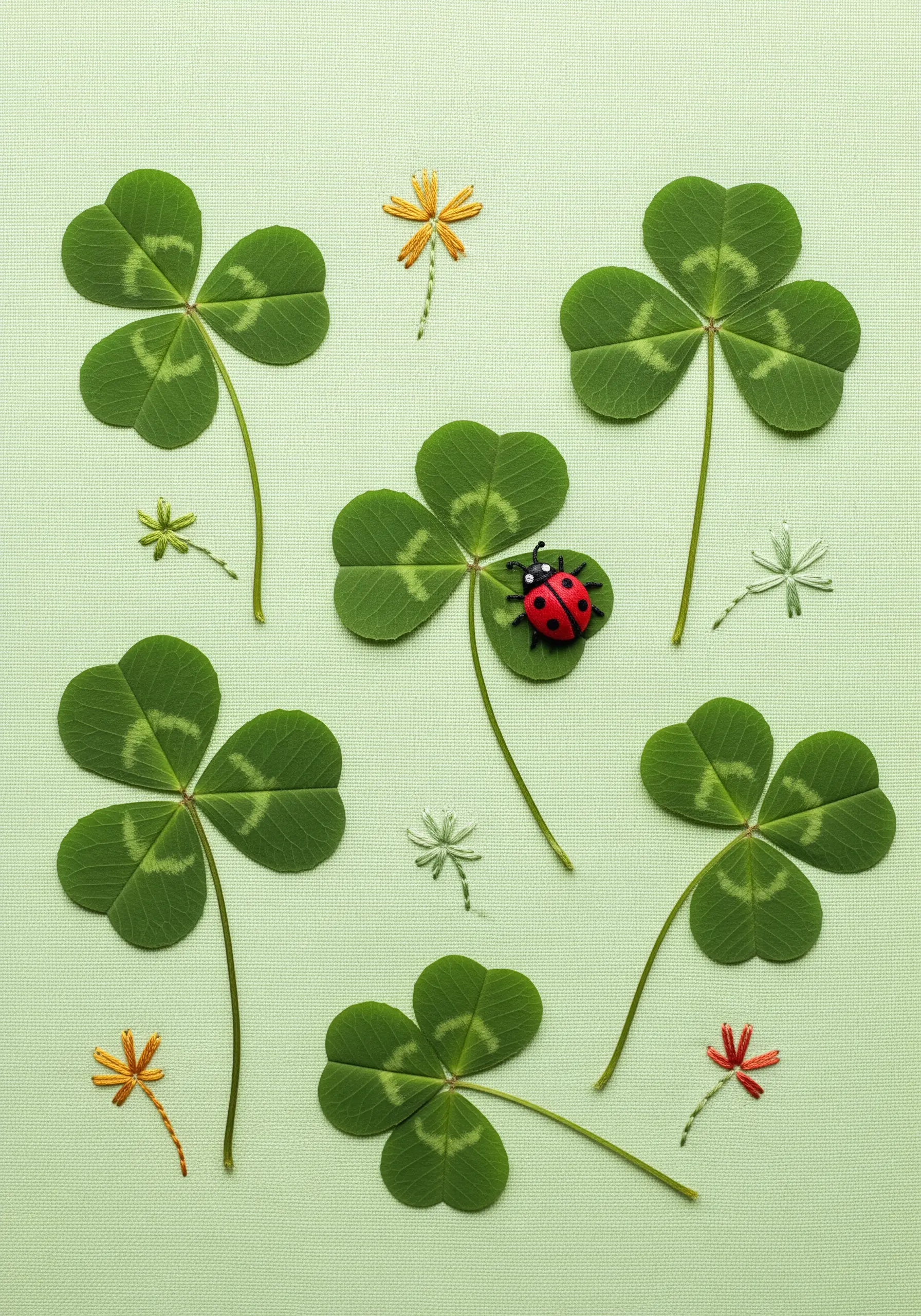 Pressed four-leaf clovers on green fabric with tiny embroidered flowers and a ladybug bead.