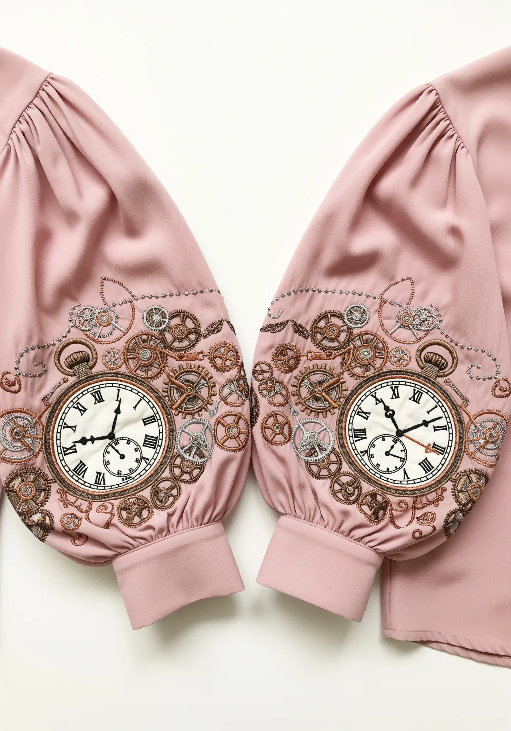 Intricate embroidery of vintage clockwork and gears on the puffy bishop sleeves of a pink blouse.