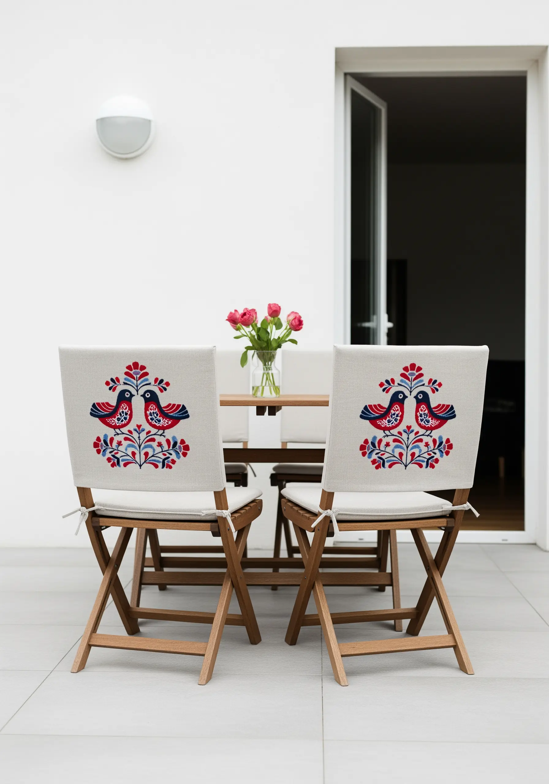 Outdoor dining chairs with linen backs embroidered with symmetrical folk-art bird motifs.