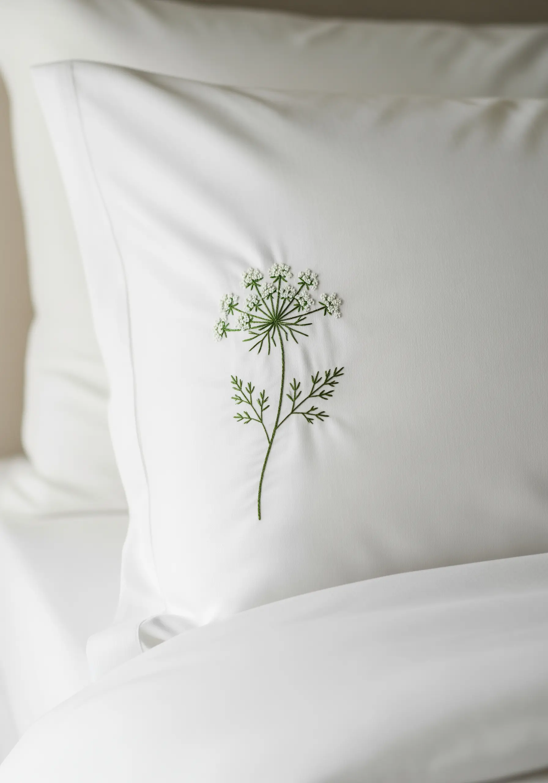 A delicate Queen Anne's Lace motif embroidered in green and white on a pillowcase.