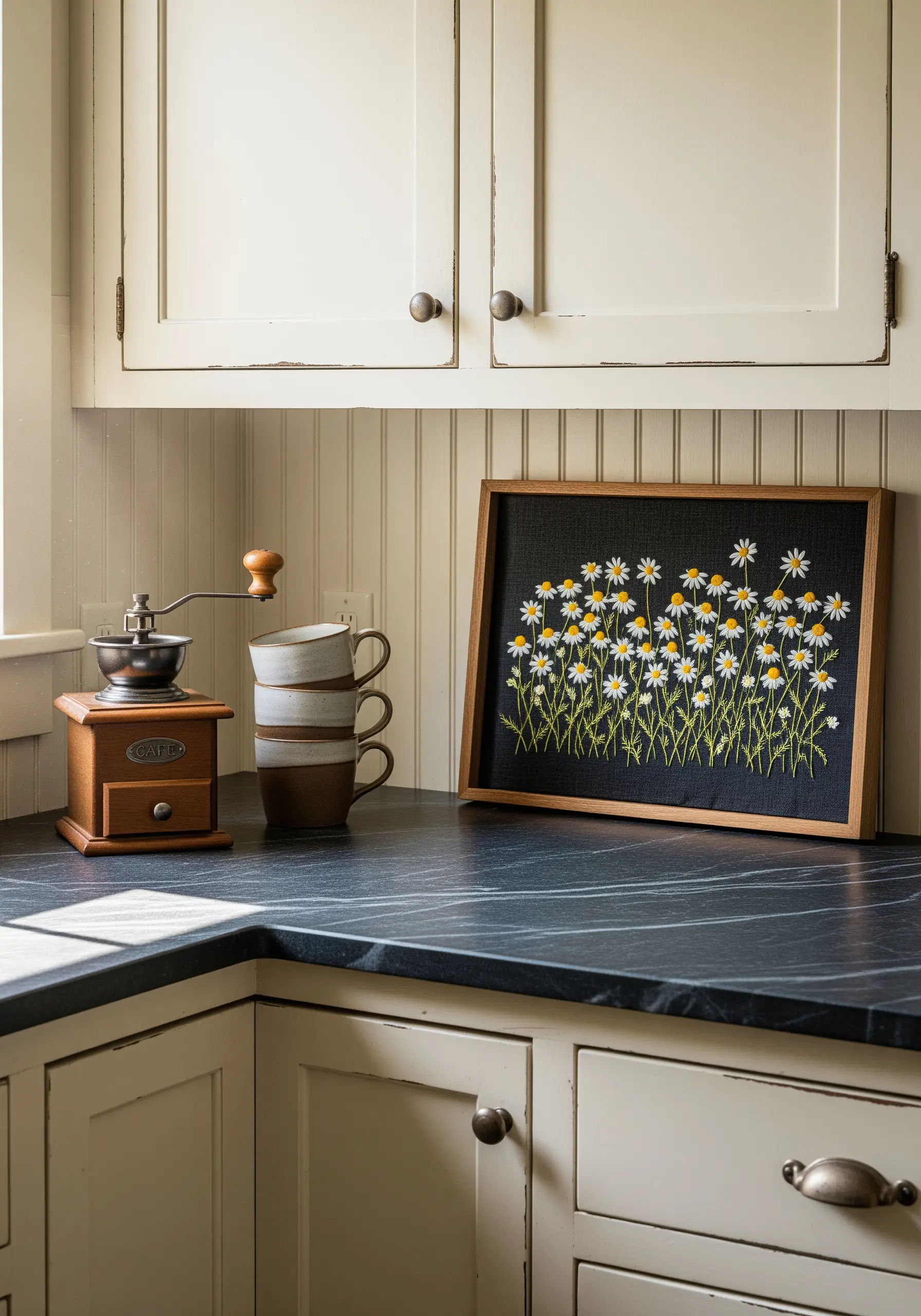 Framed embroidery of a daisy field on black fabric, set on a dark kitchen countertop.