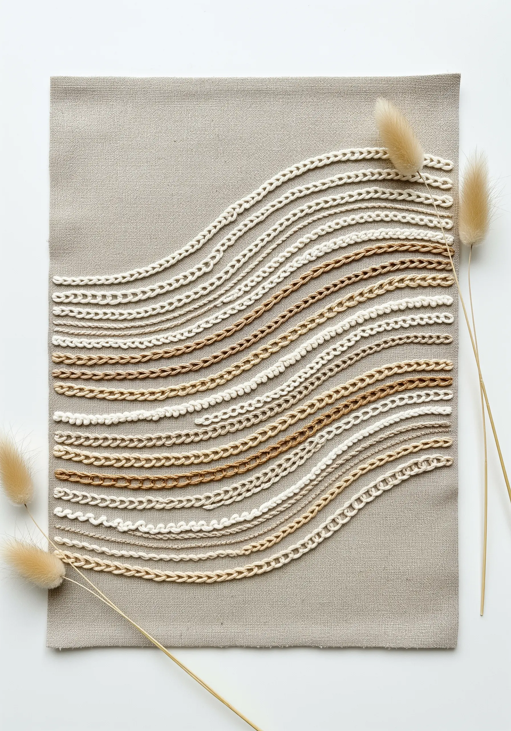 Abstract wavy lines in neutral tones using a variety of embroidery stitches.