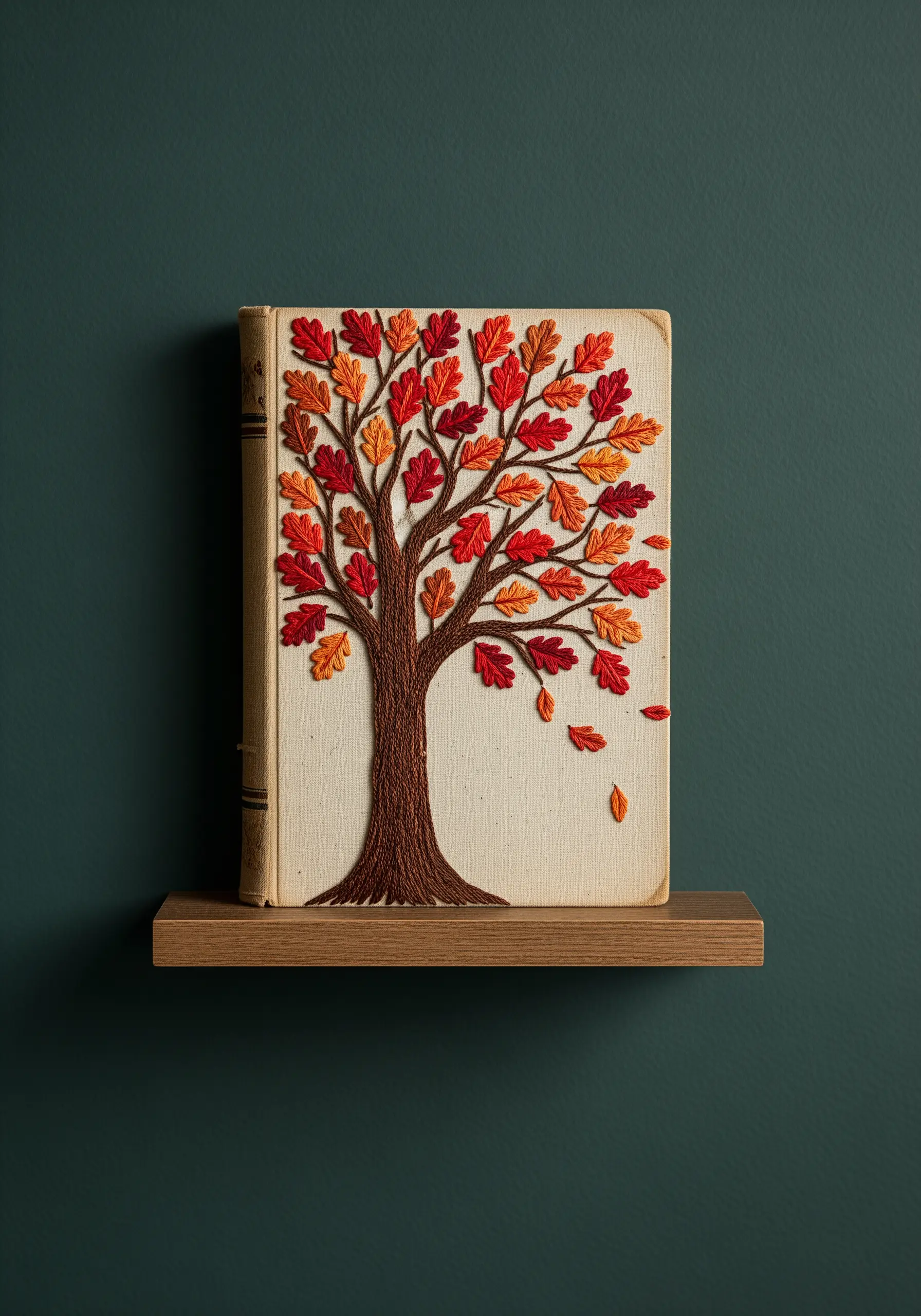An autumn tree with red and orange leaves embroidered on the fabric cover of an old book.