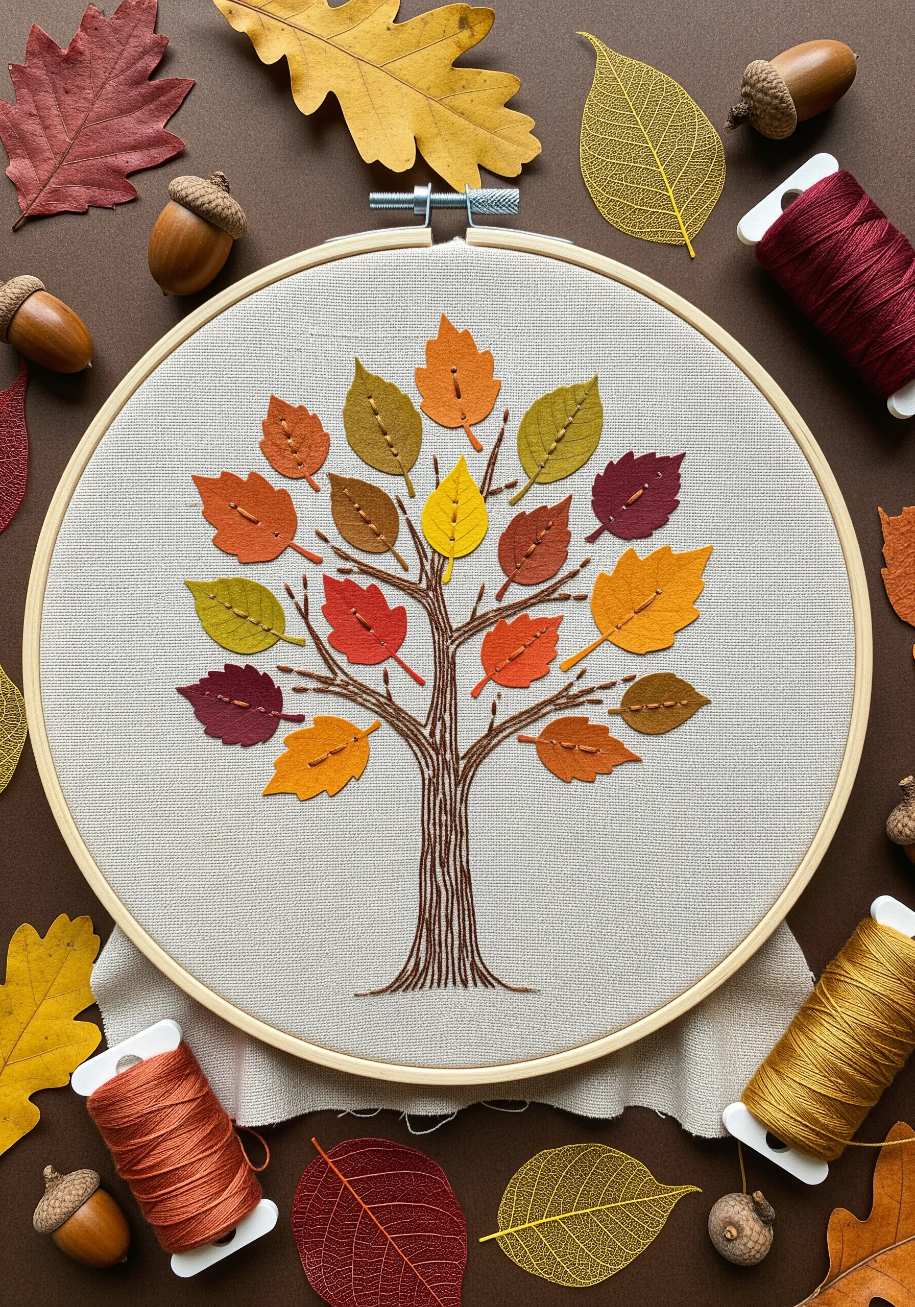 Embroidered tree in a hoop with colorful felt appliqué leaves in autumn shades.
