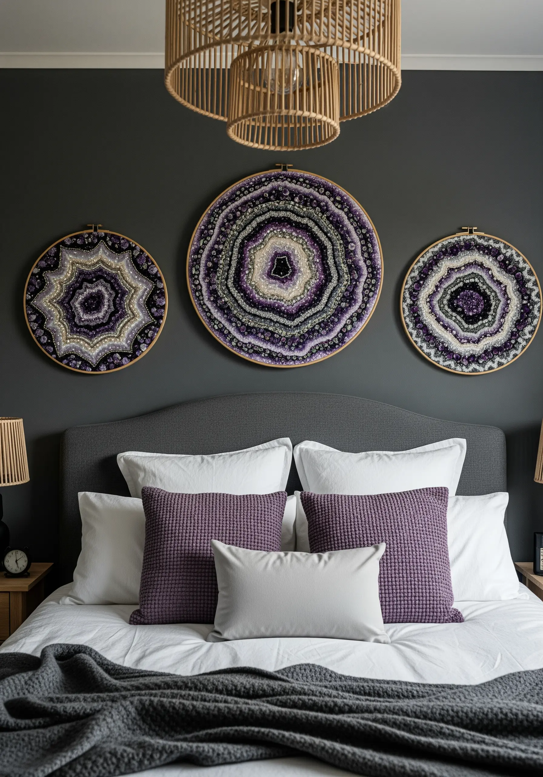 A triptych of embroidery hoops depicting amethyst geodes with intricate stitching and beadwork.