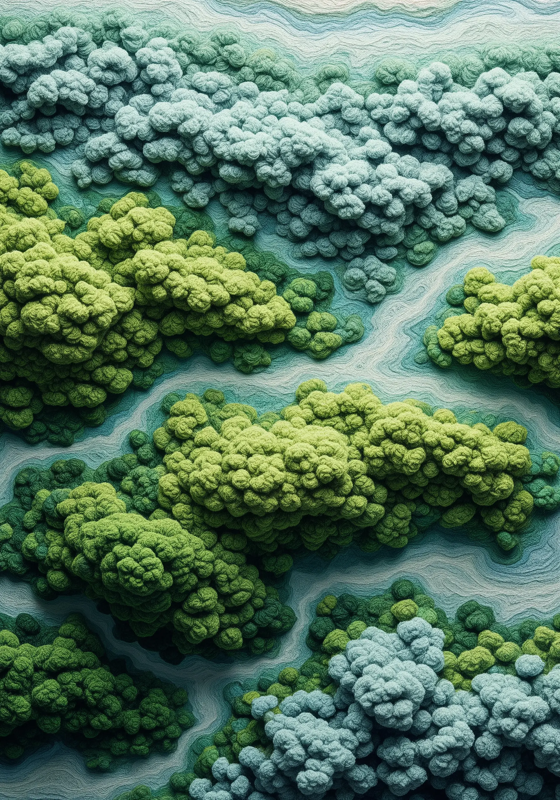 An aerial view of a forest canopy created with dense clusters of green French knots.
