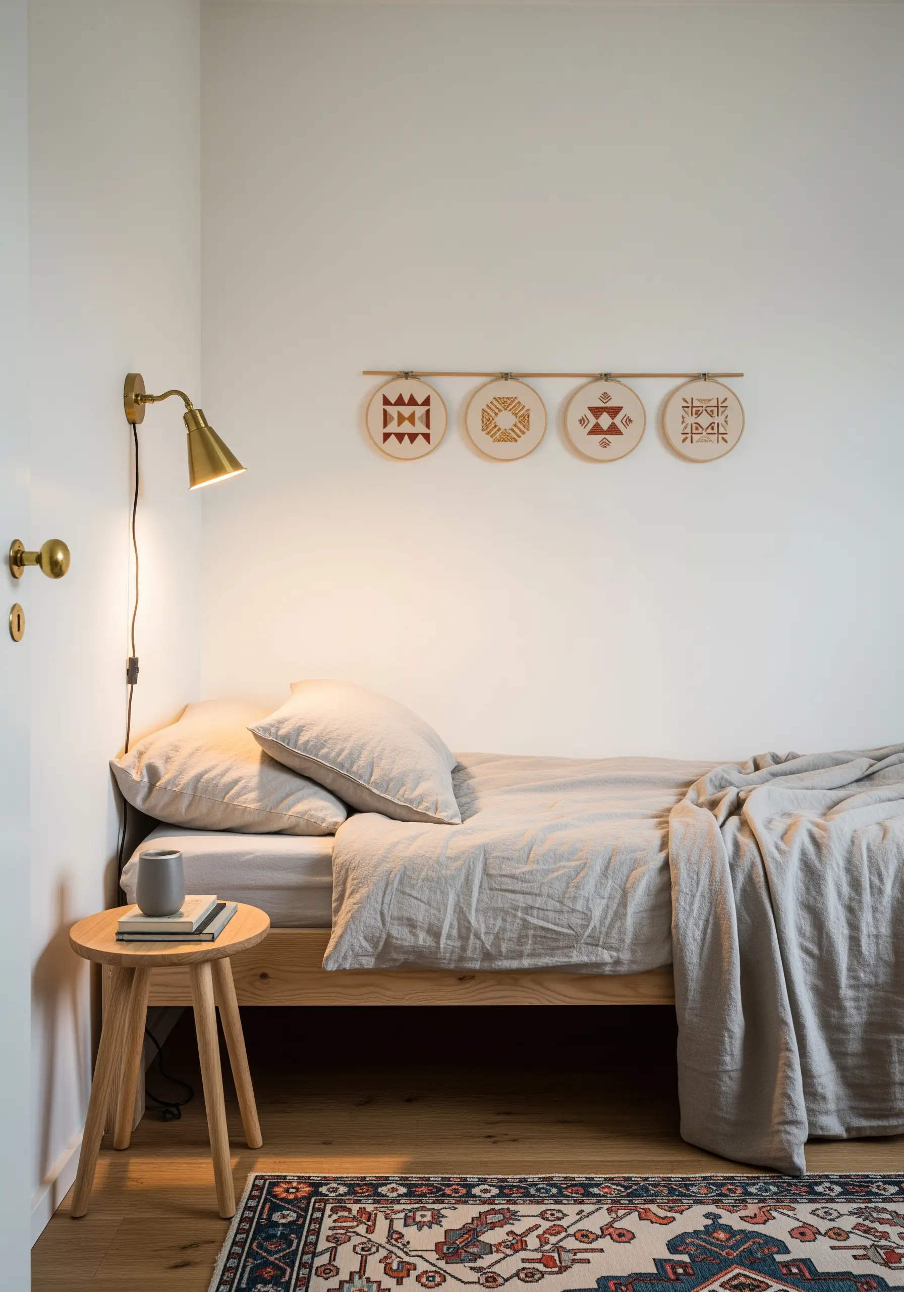 Four small embroidery hoops with geometric patterns hanging horizontally above a bed.