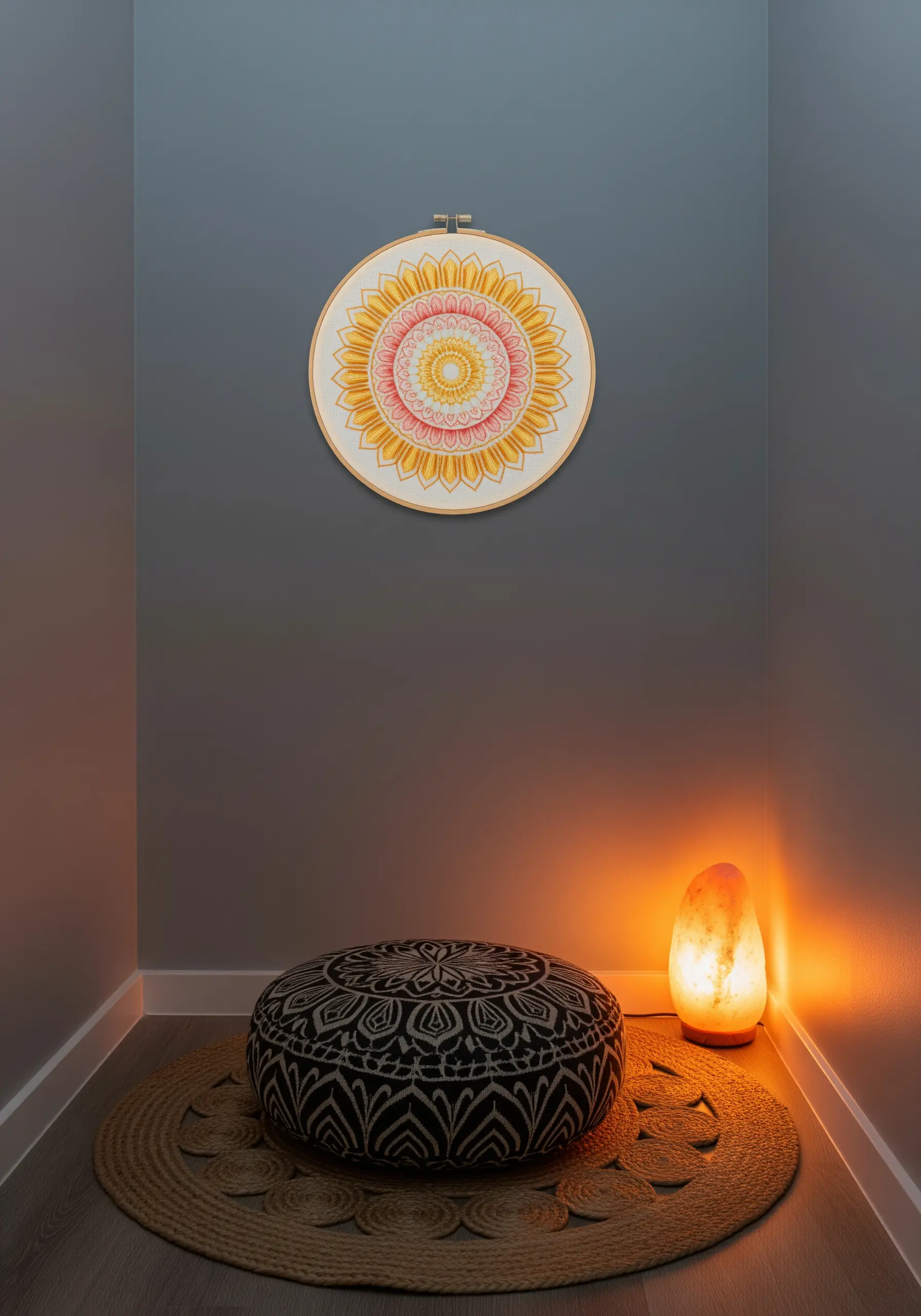 A large, colorful embroidered mandala in a hoop, hung in a calming meditation corner.