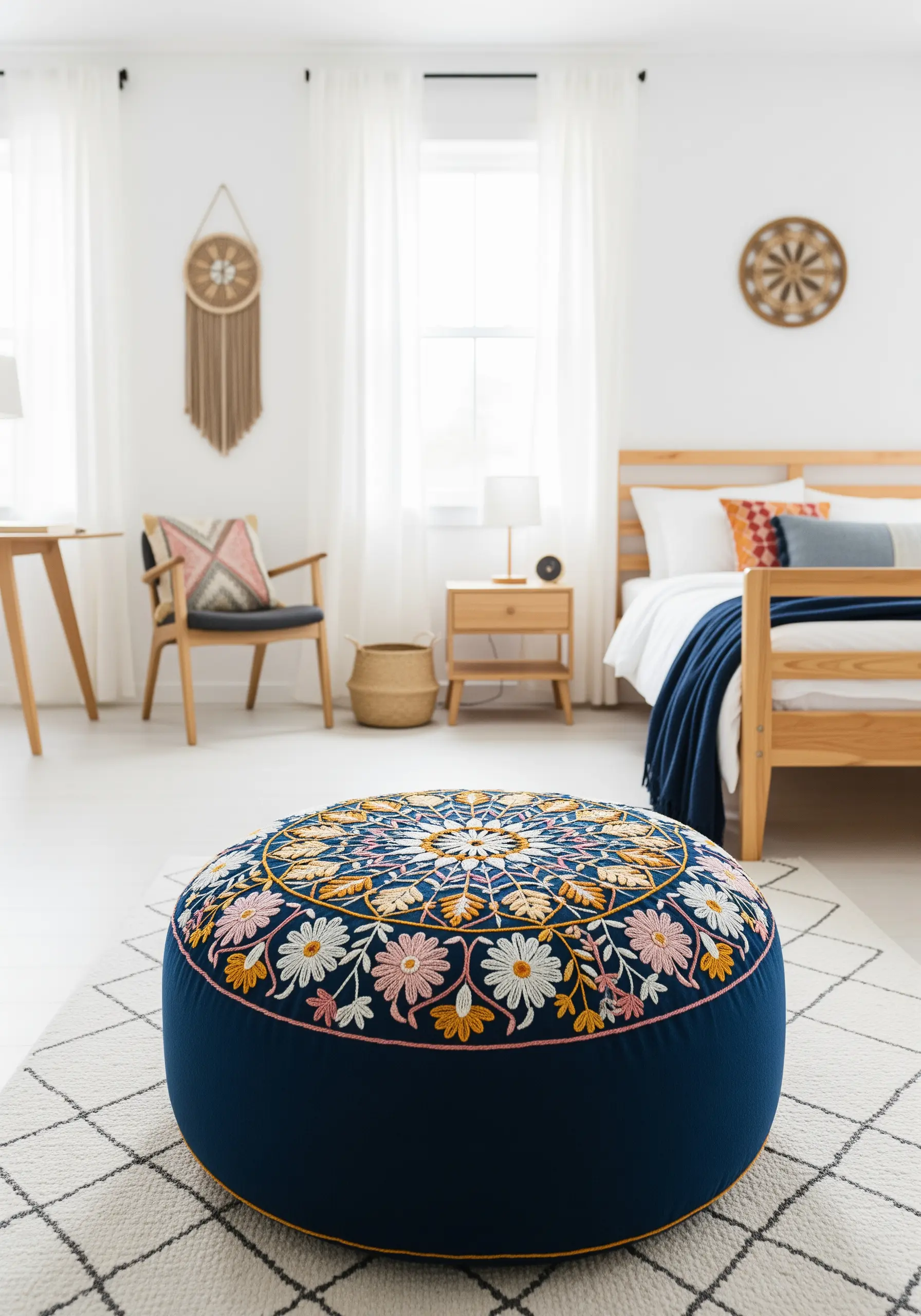 A large, round navy blue floor pouf with a vibrant, intricate floral mandala embroidered on top.