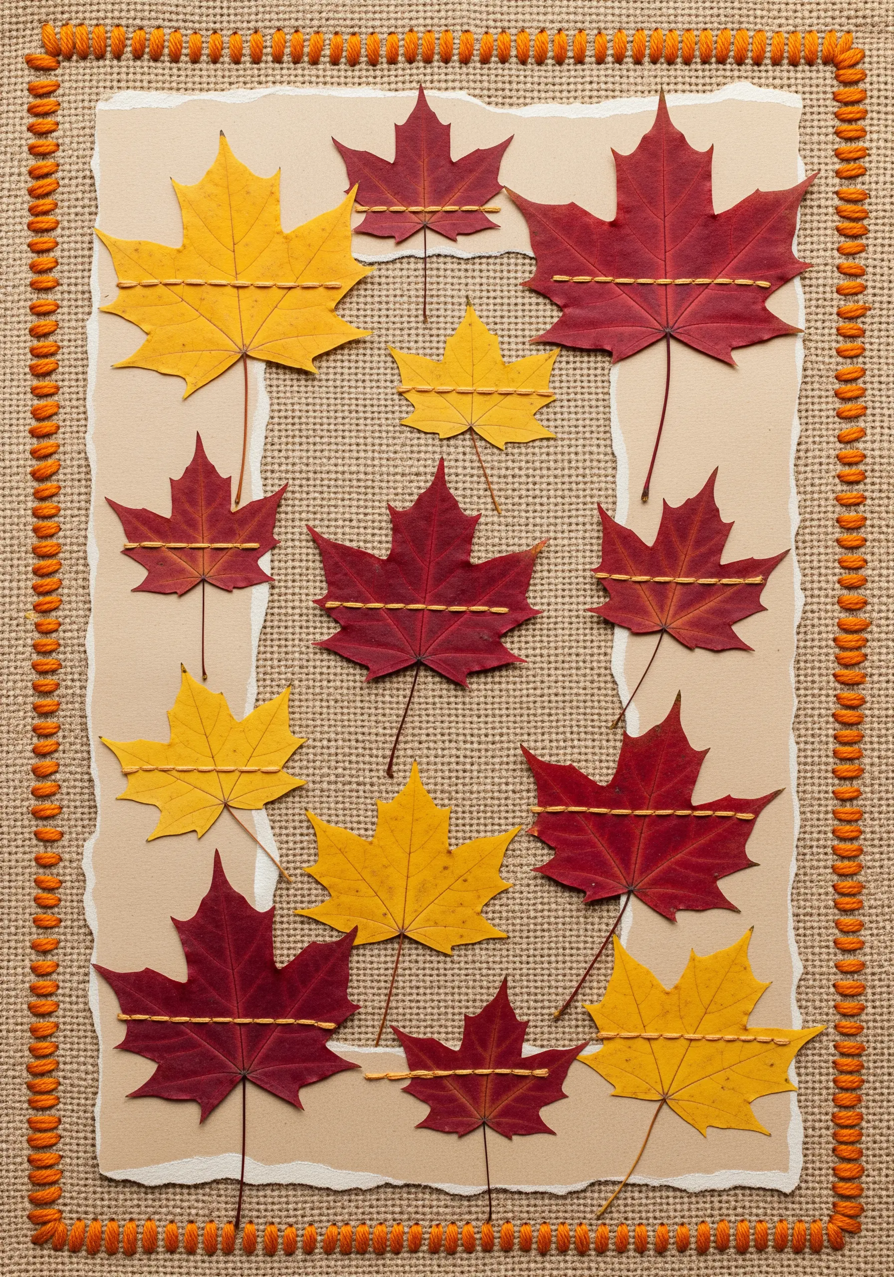 Pressed autumn leaves arranged on paper and stitched down the middle with yellow thread