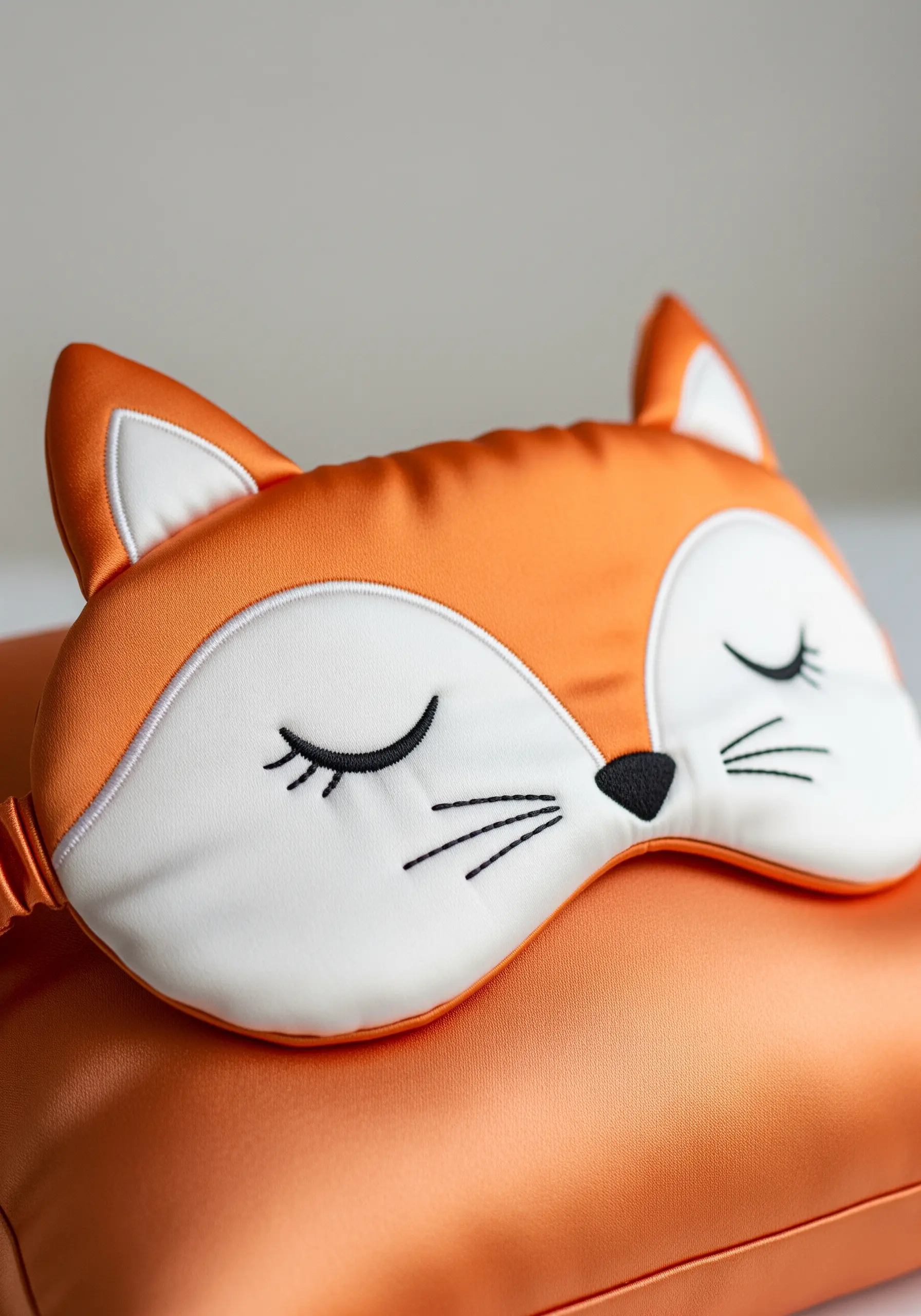 A silky orange sleep mask designed to look like a sleeping fox.