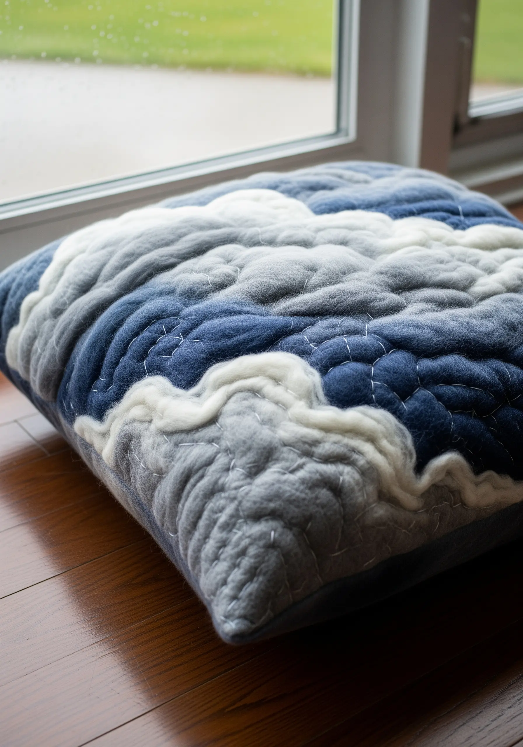 A plush cushion with soft, voluminous clouds made from layered and stitched wool roving.