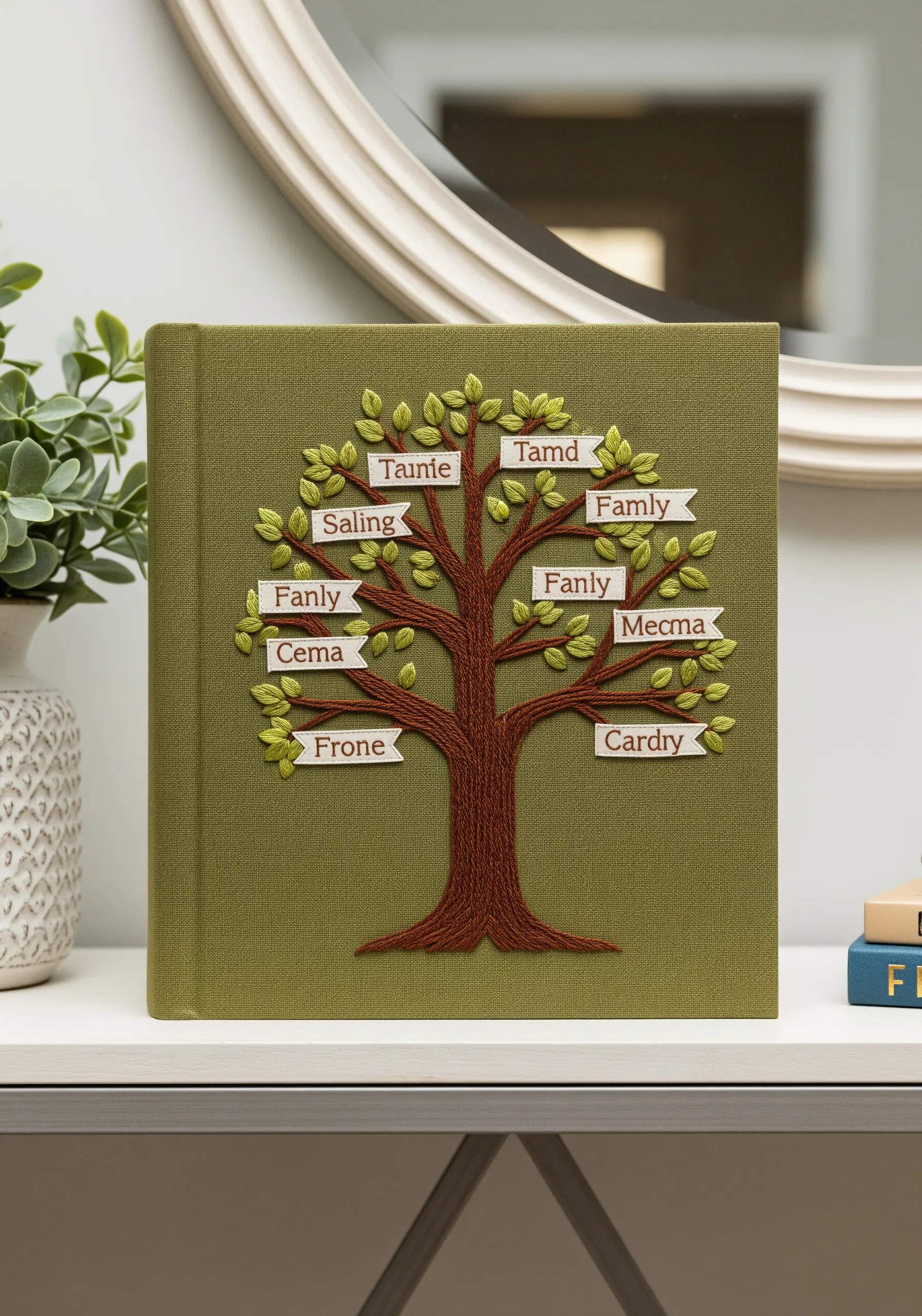 A green book cover with an embroidered family tree, featuring names on appliquéd banners.