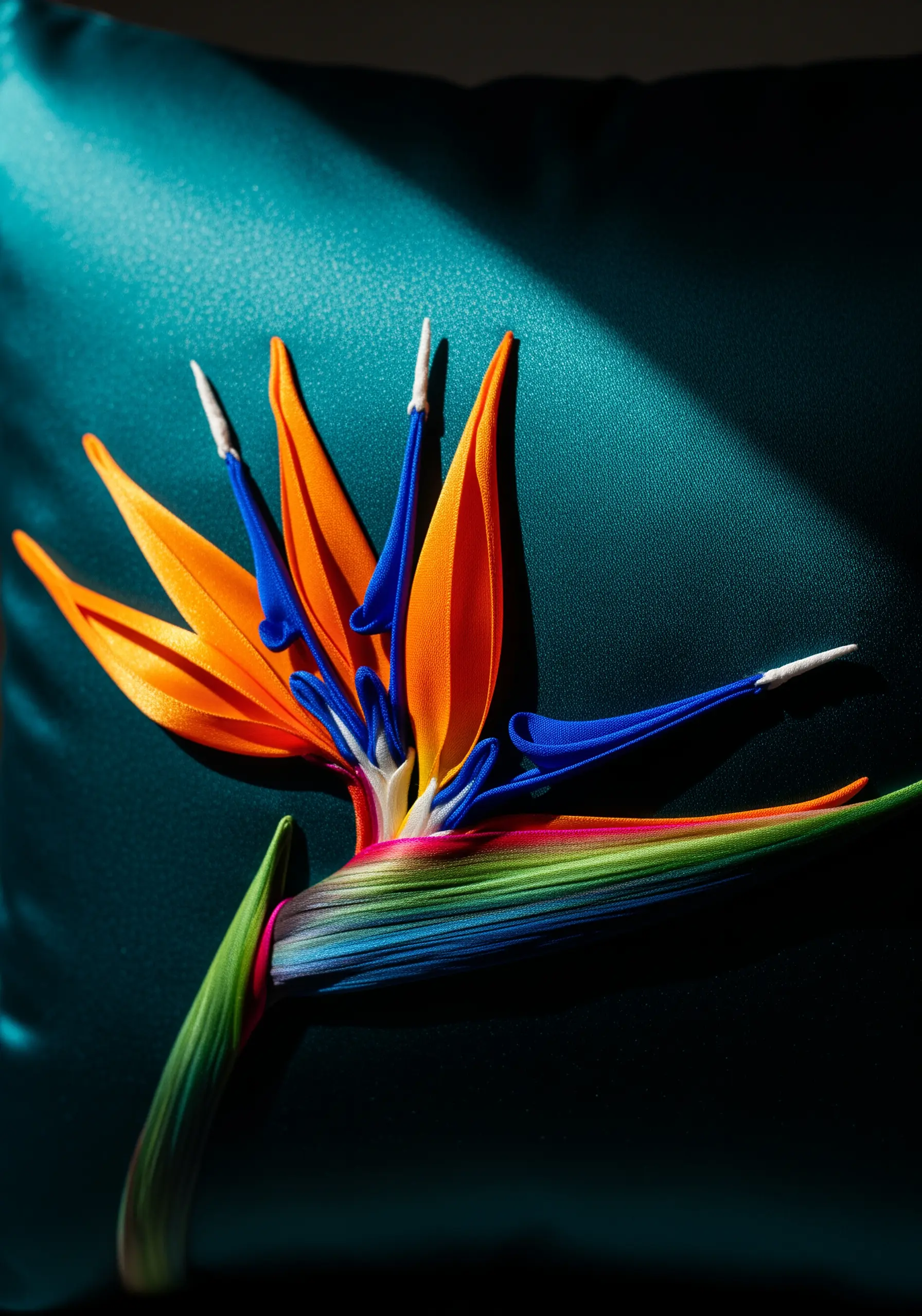 A sculptural Bird of Paradise flower made from orange and blue ribbon on a teal satin background.