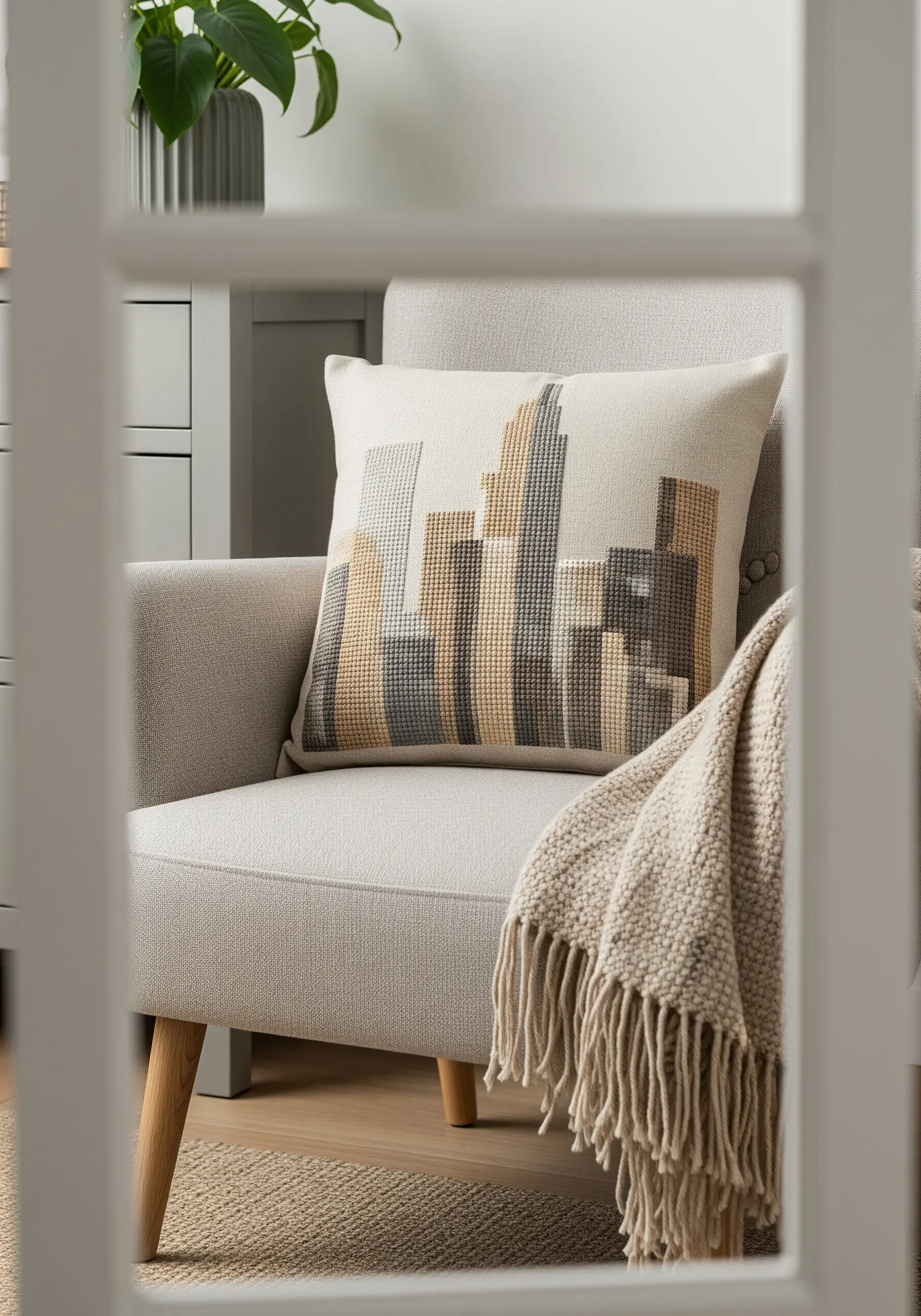 A cityscape design on a pillow using blocks of vertical satin stitch in neutral tones.