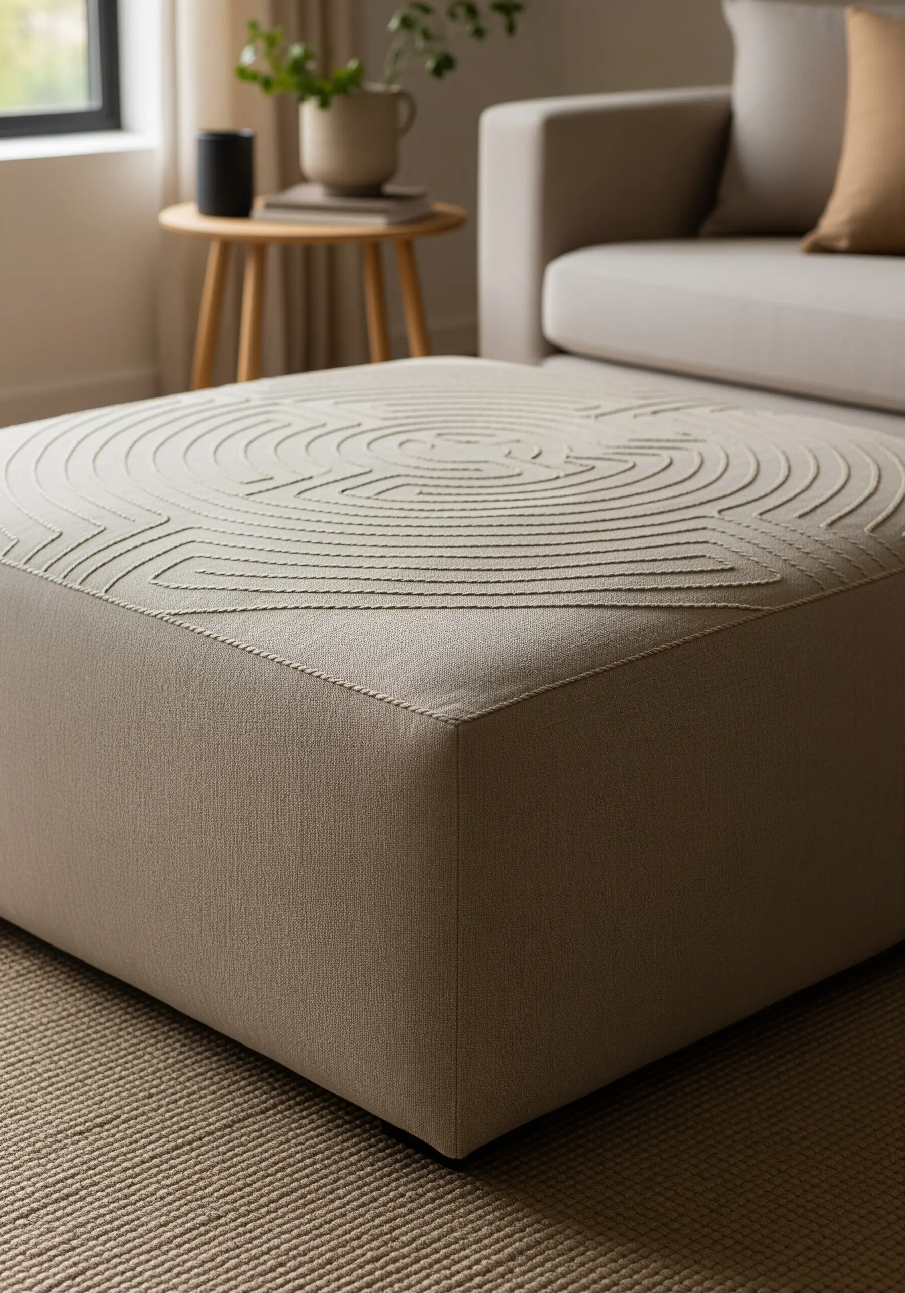 A geometric maze-like pattern embroidered in a light thread on a neutral upholstered ottoman.
