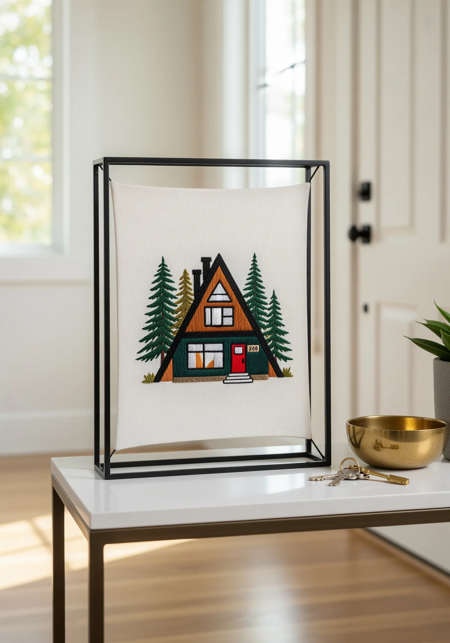 Embroidered A-frame cabin with pine trees, displayed in a modern black floating frame.