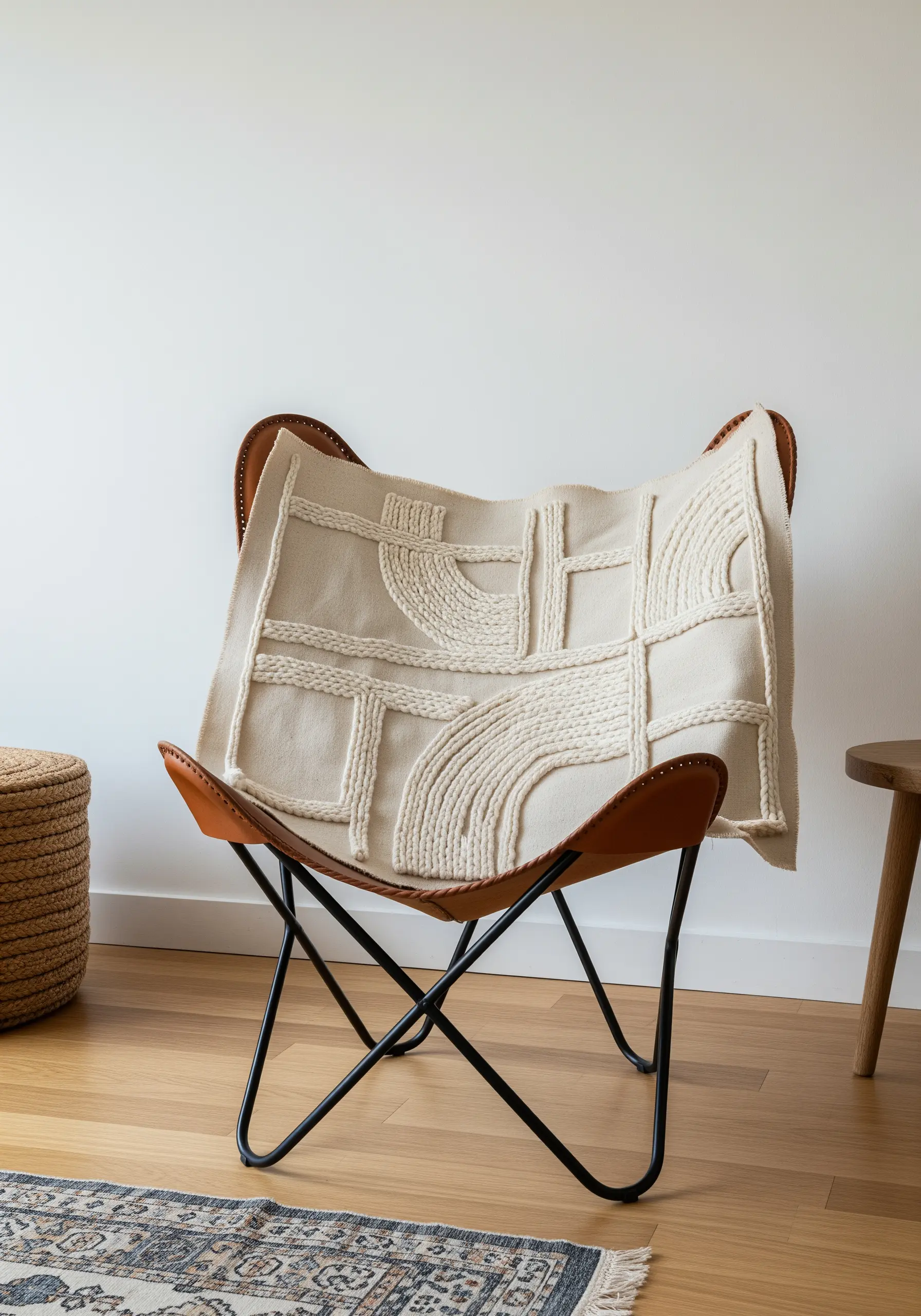 Cream throw blanket with abstract geometric lines stitched in a thick, raised chain stitch.