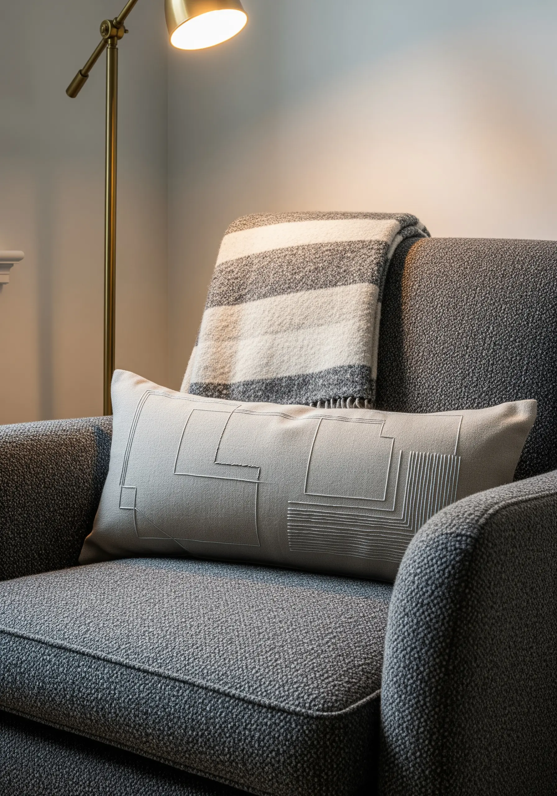 Tone-on-tone geometric line embroidery creating a pattern on a light grey lumbar pillow.