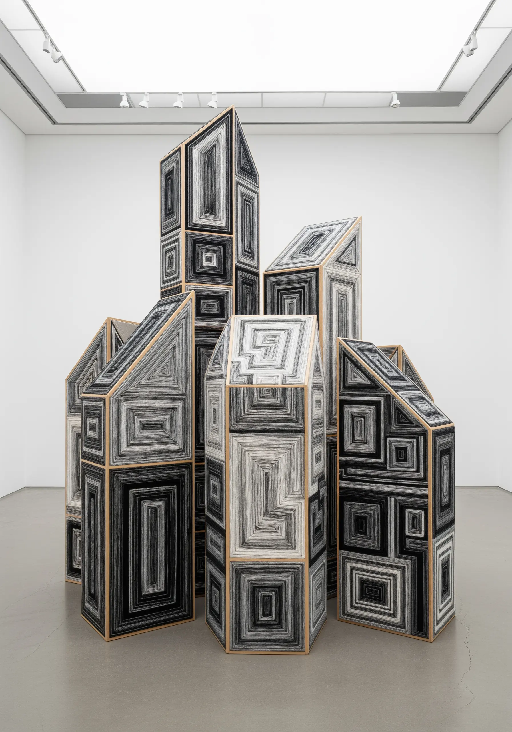 Geometric house-shaped sculptures wrapped in precise patterns of black, white, and grey thread.