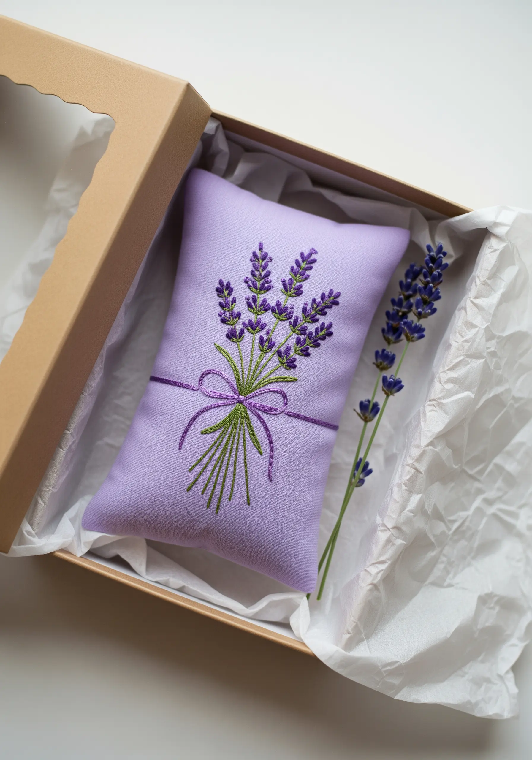 A lavender-colored sachet embroidered with a bouquet of lavender, placed in a gift box.