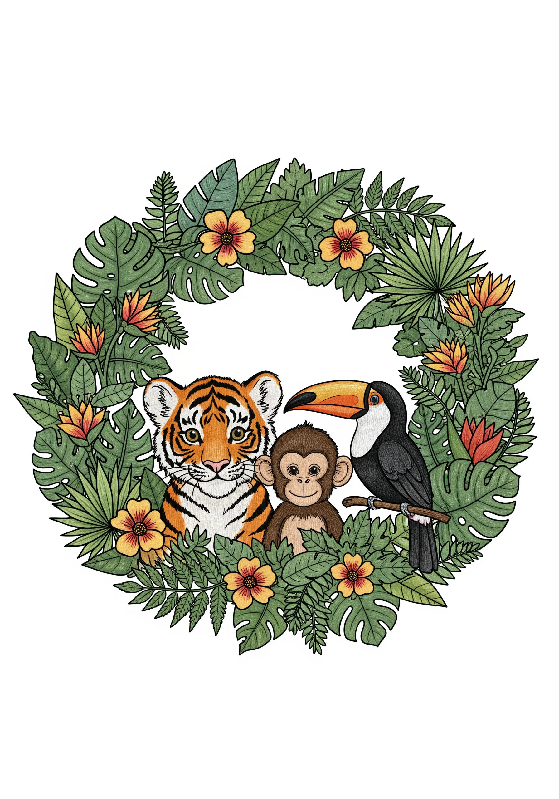 A jungle animal wreath illustration with a tiger, monkey, and toucan amongst leaves and flowers.