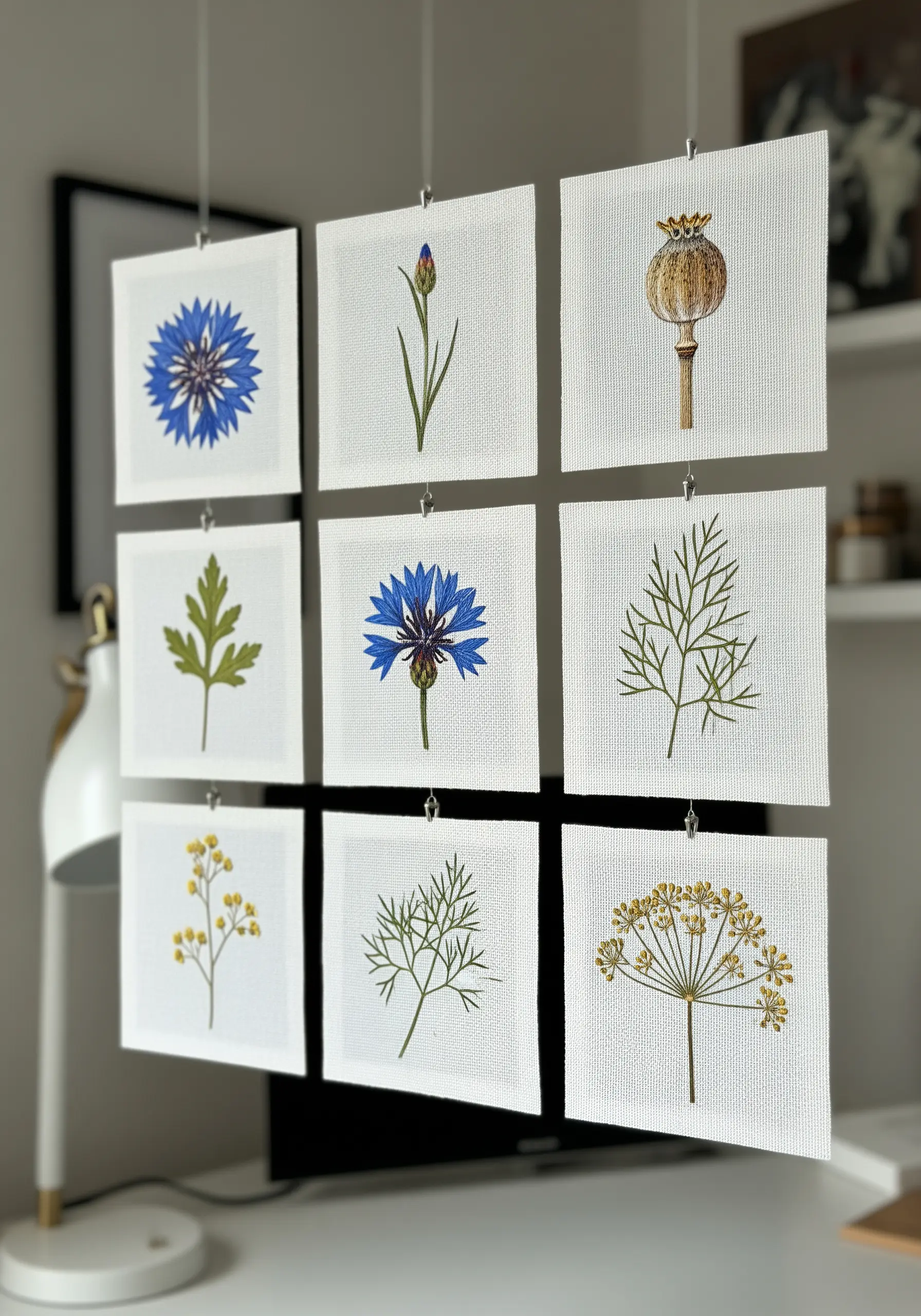 Nine small fabric squares, each with a different pressed flower, arranged in a grid.