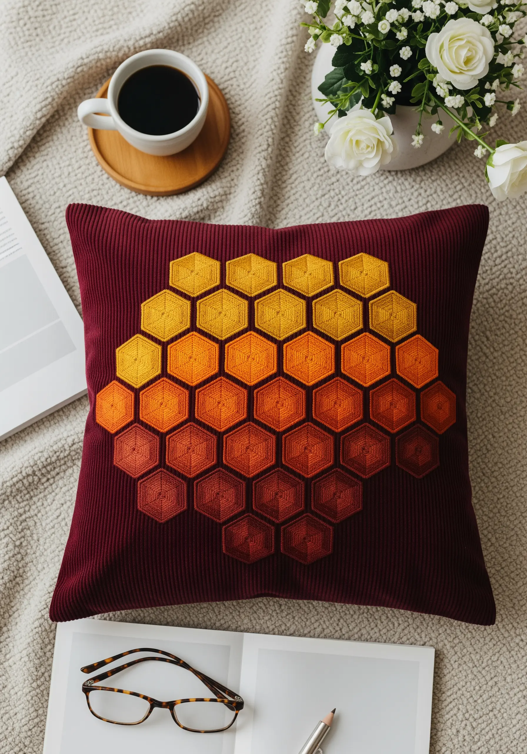 Honeycomb pattern in a diagonal gradient from rust to yellow on a burgundy cushion.
