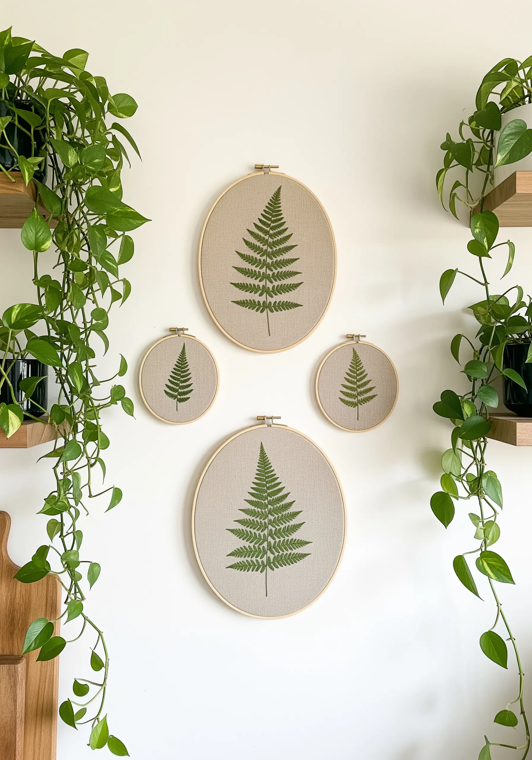 Four embroidery hoops of various sizes, each with a single green fern leaf, creating a gallery wall.