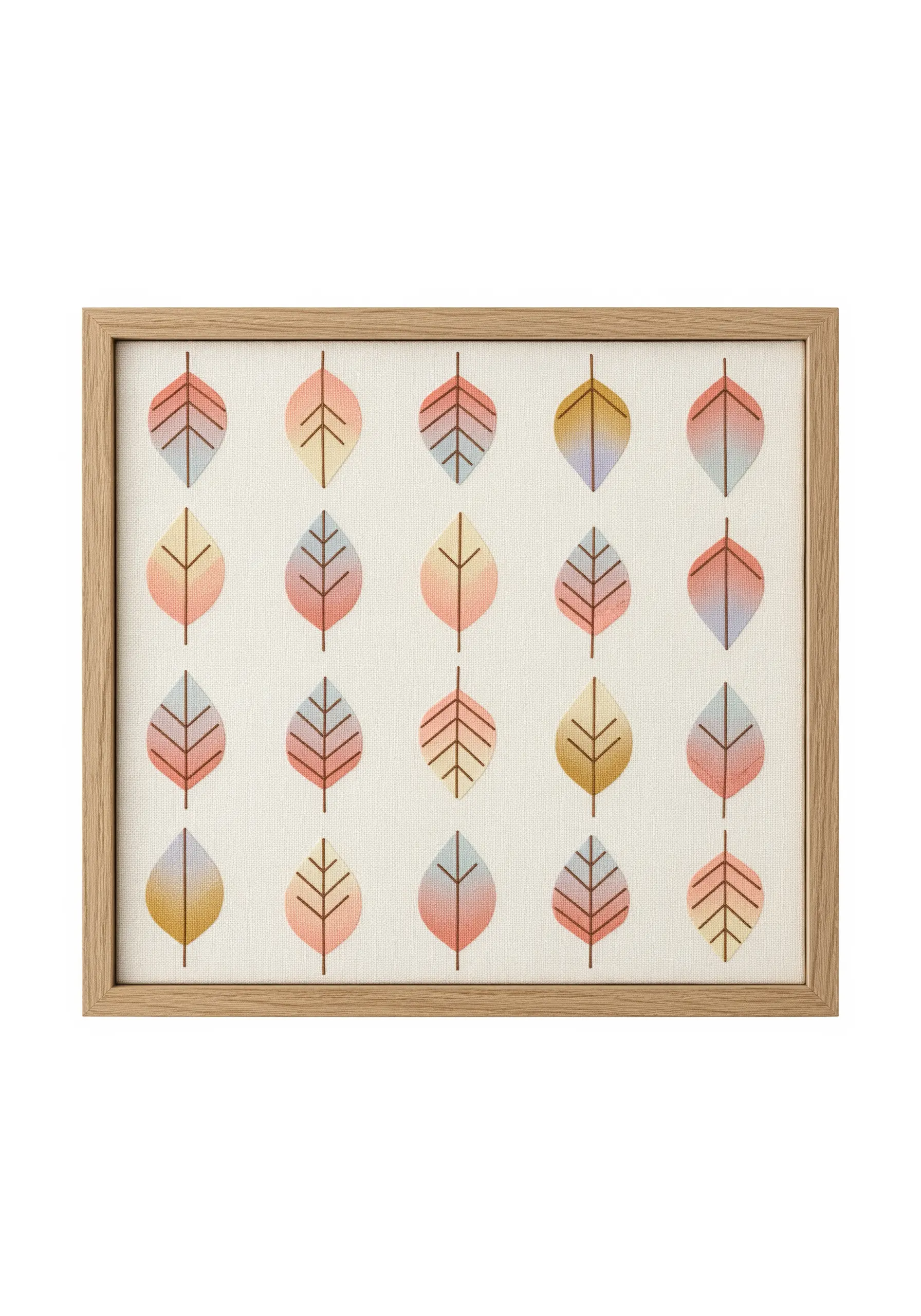 Framed artwork showing a grid of twenty leaves, each with a different pastel gradient.