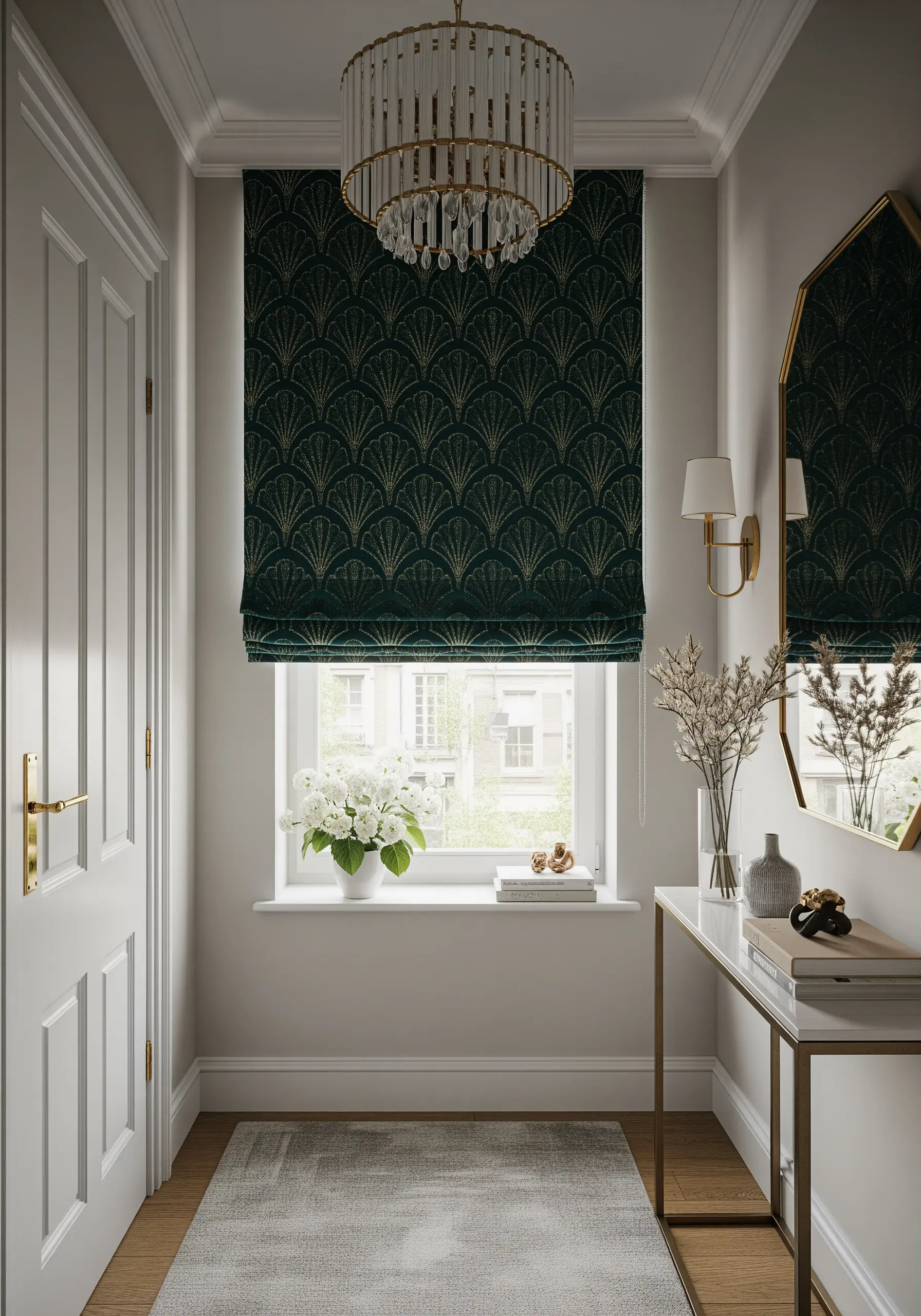 Gold metallic thread Art Deco fan pattern on a dark green velvet blind.