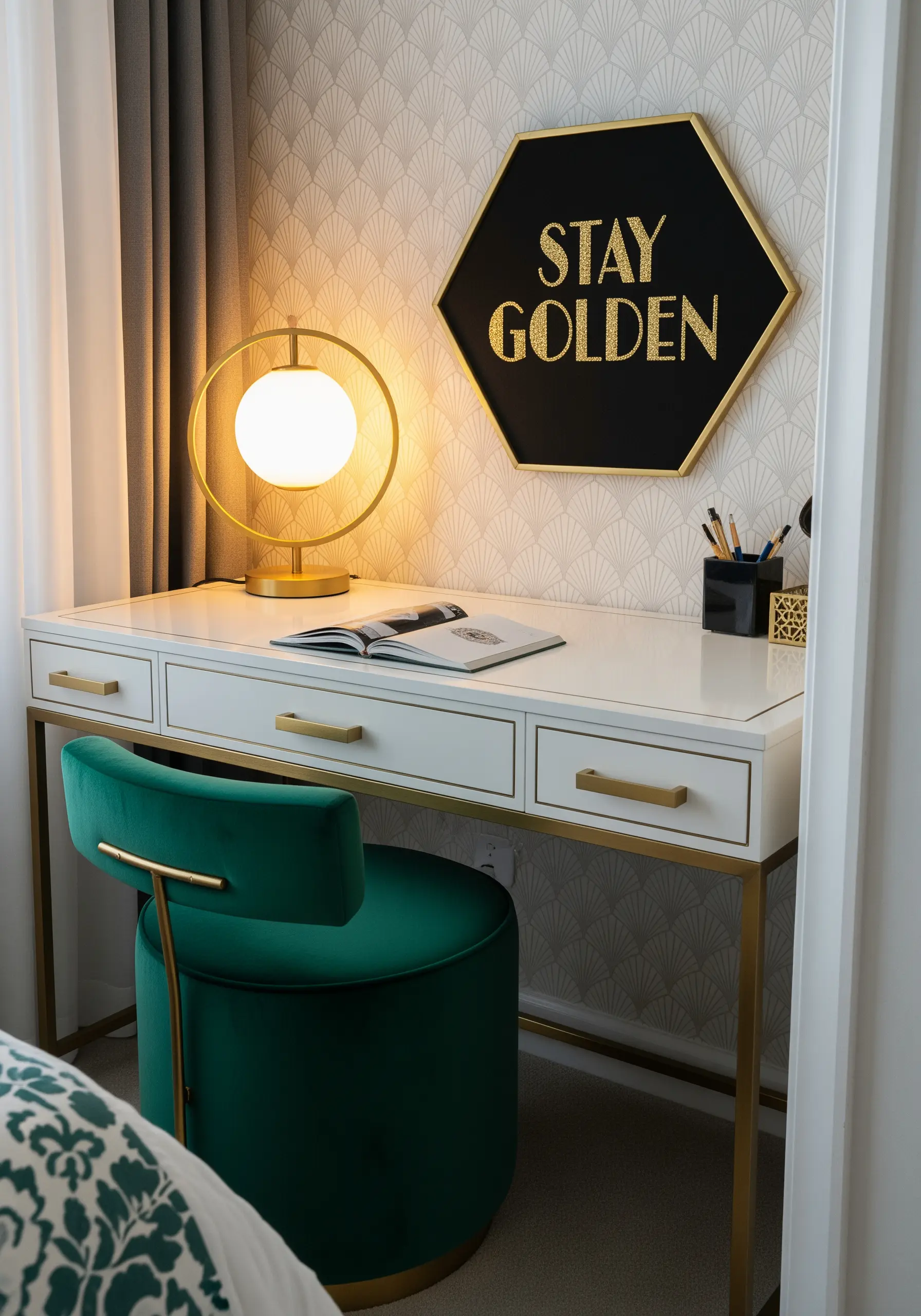 The phrase 'Stay Golden' stitched in gold thread on black fabric in a hexagon frame.