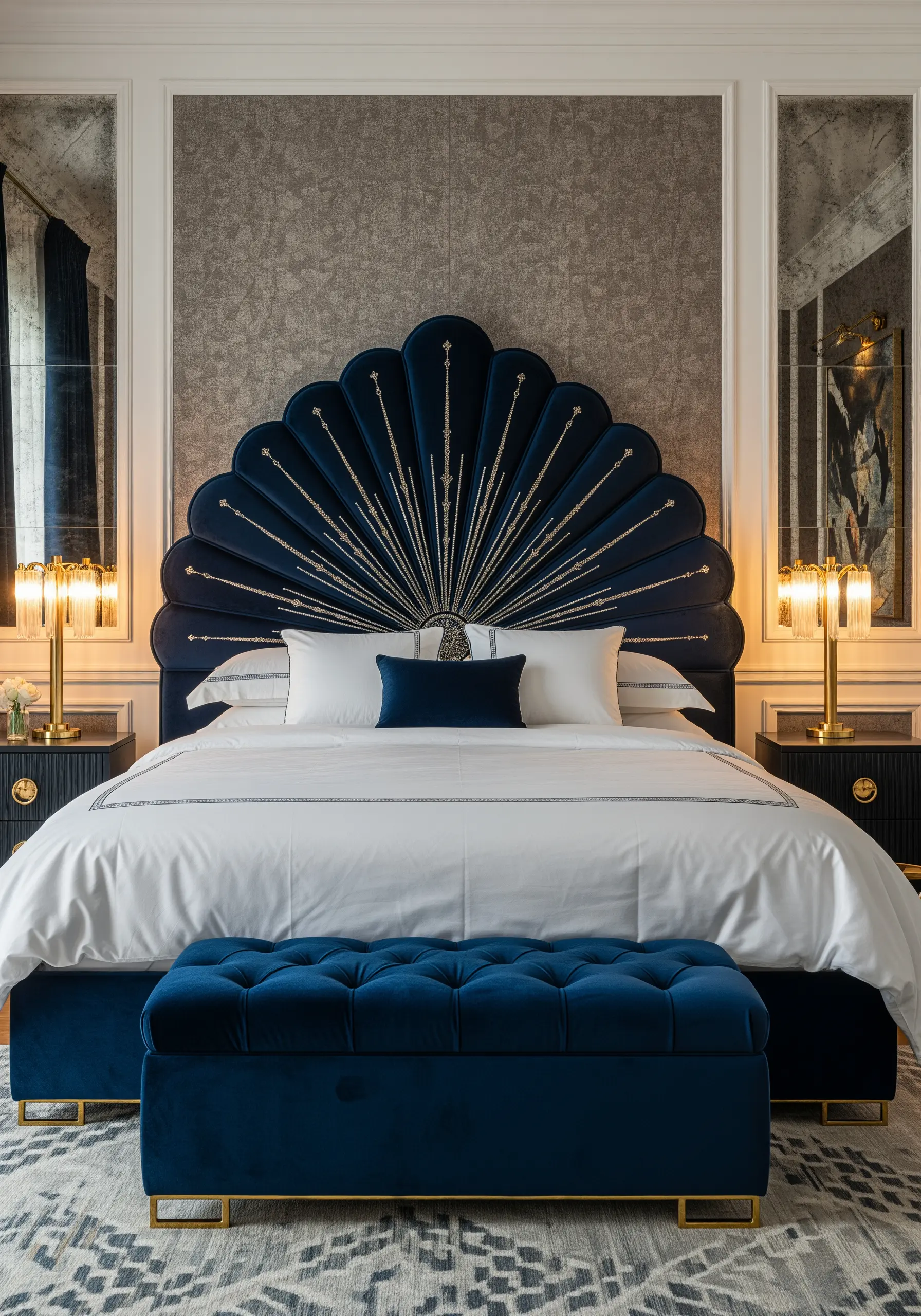 Art Deco style headboard in navy velvet with radiating silver metallic stitches.
