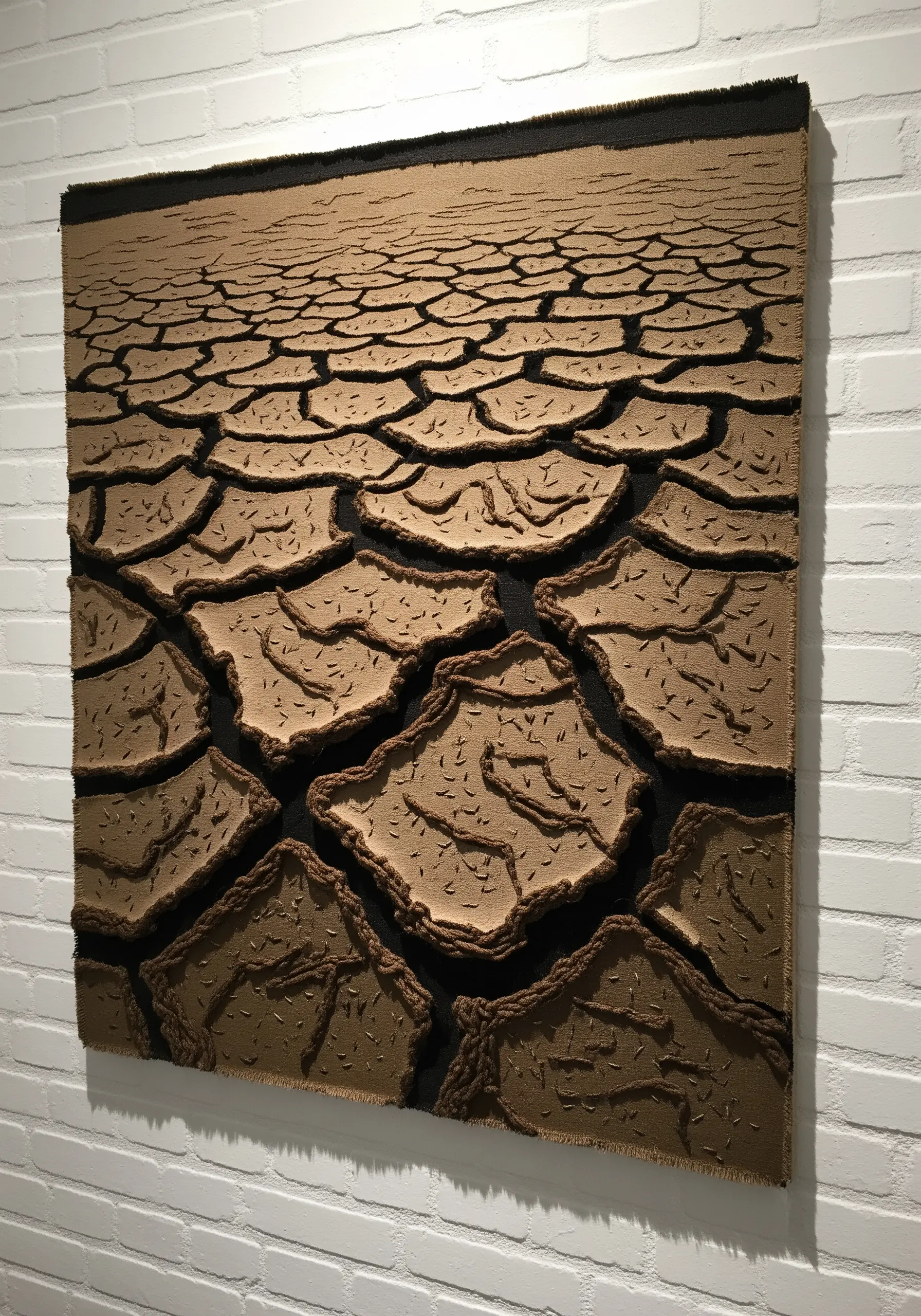 Wall tapestry depicting cracked, dry earth, with dark cracks separating textured sections.
