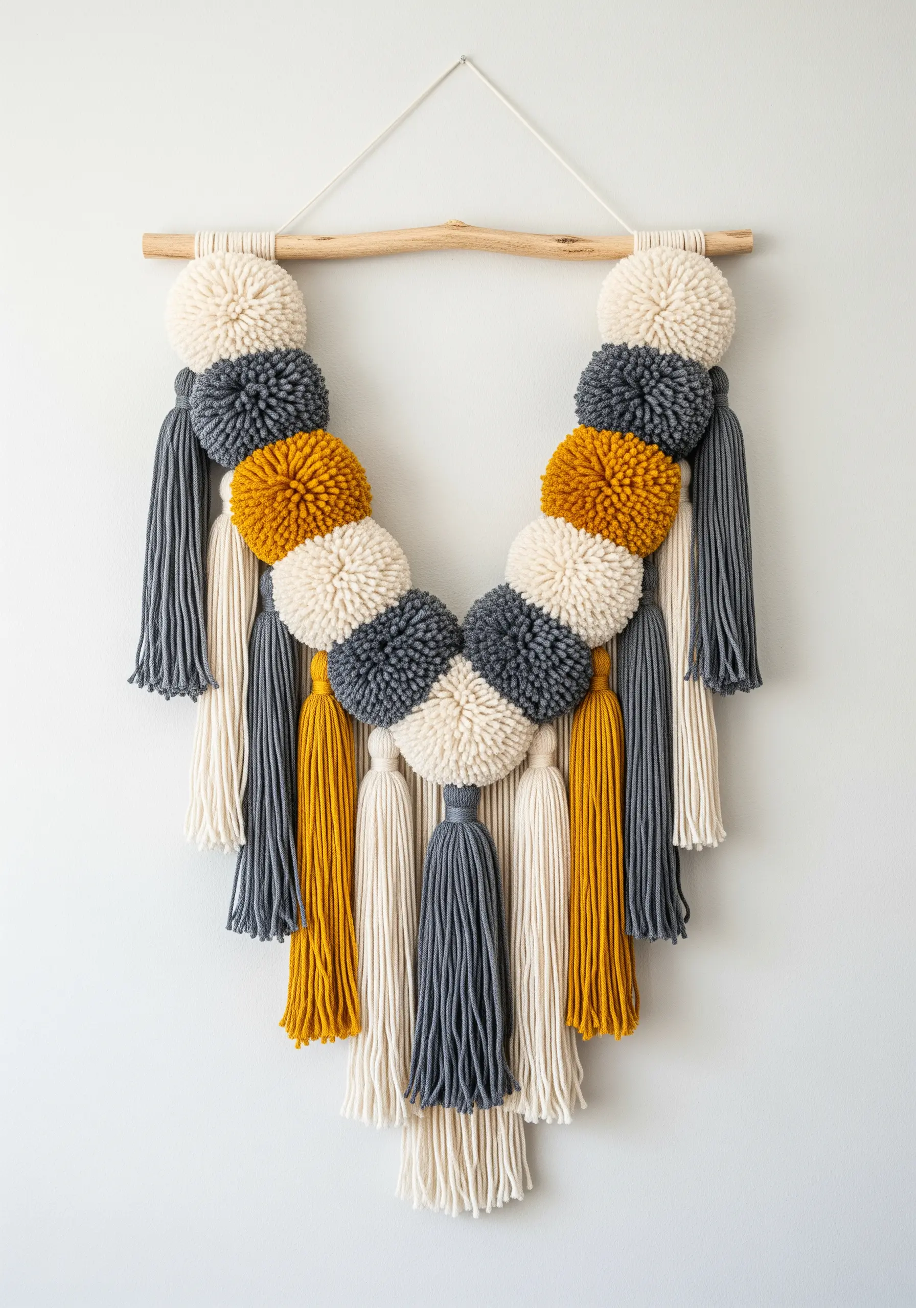A yarn wall hanging with large pom-poms and tassels in mustard, gray, and cream.