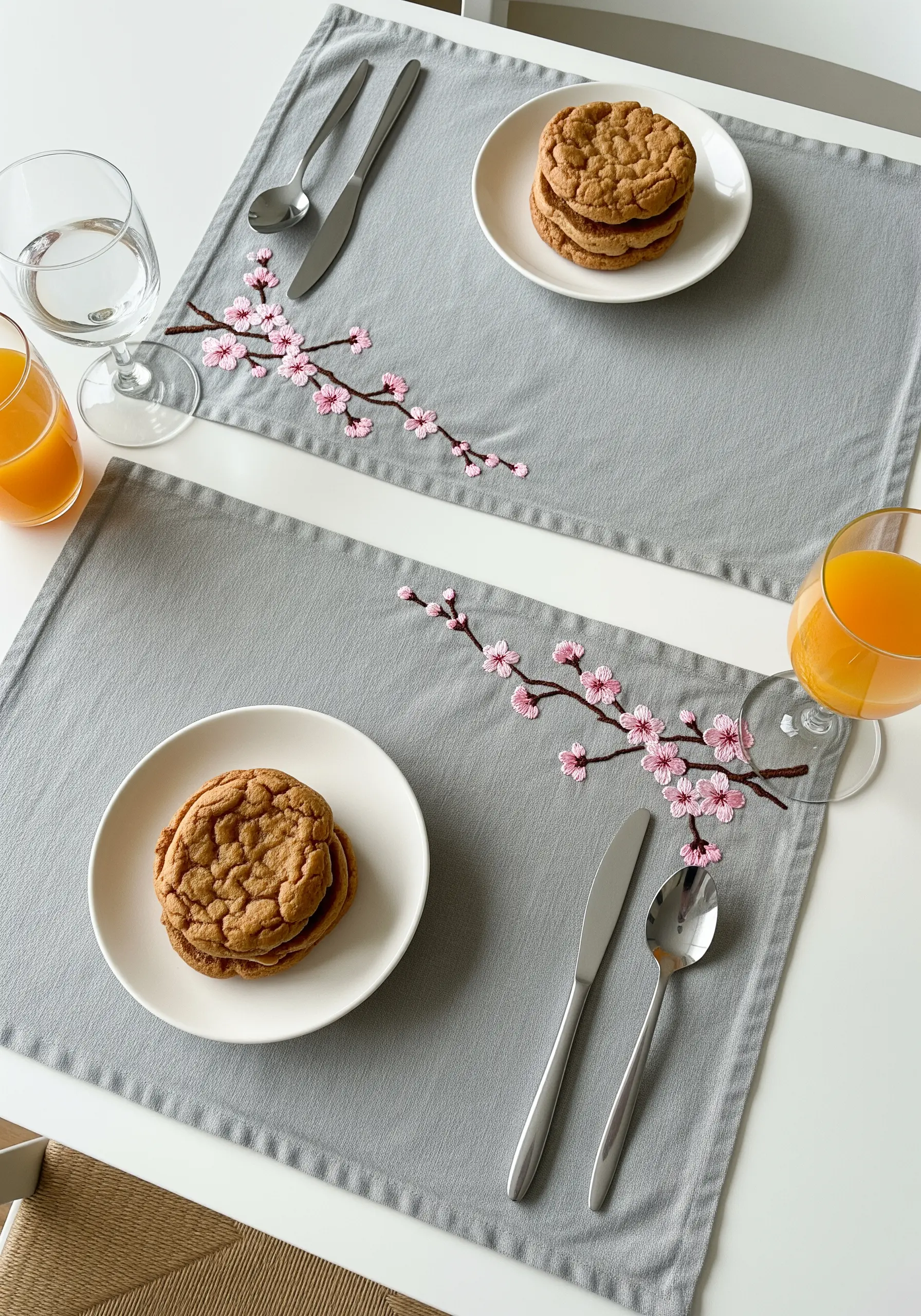 Delicate cherry blossom branches embroidered on grey linen placemats.
