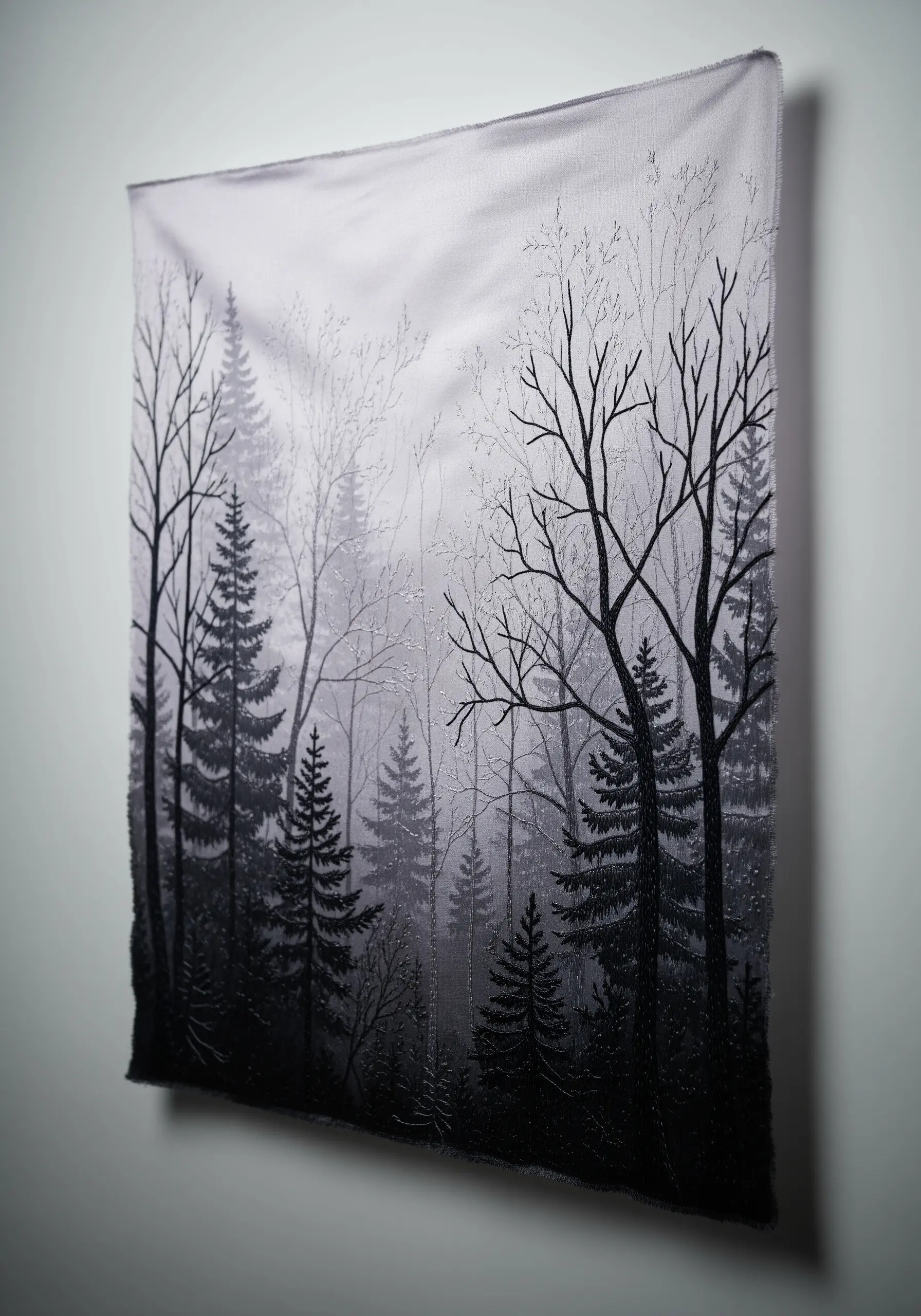 An embroidered misty forest scene showing atmospheric depth with gray threads.