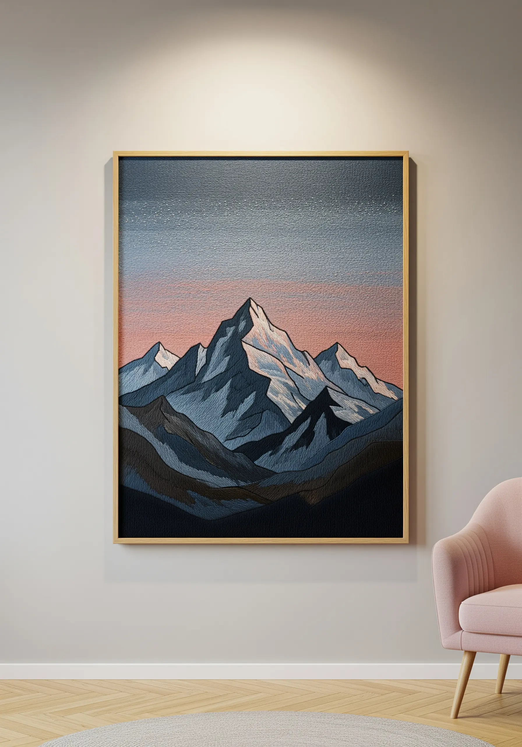 Detailed thread-painted mountain range with a pink and blue gradient sky.
