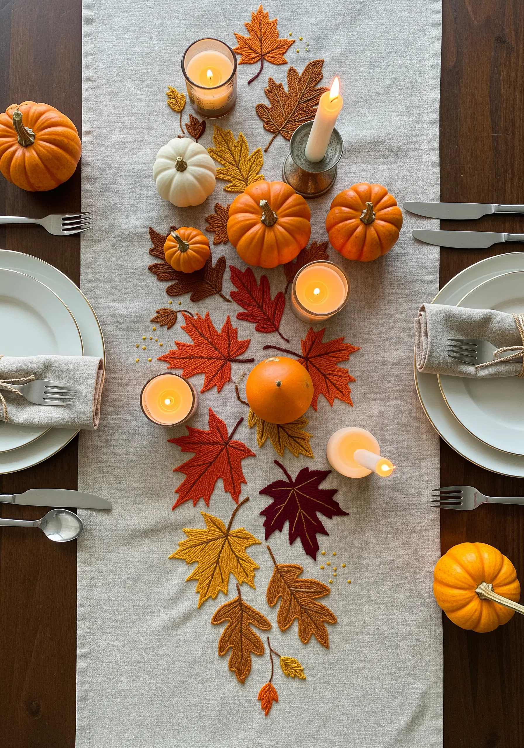 A cascade of embroidered autumn leaves in orange, yellow, and red on a table runner.