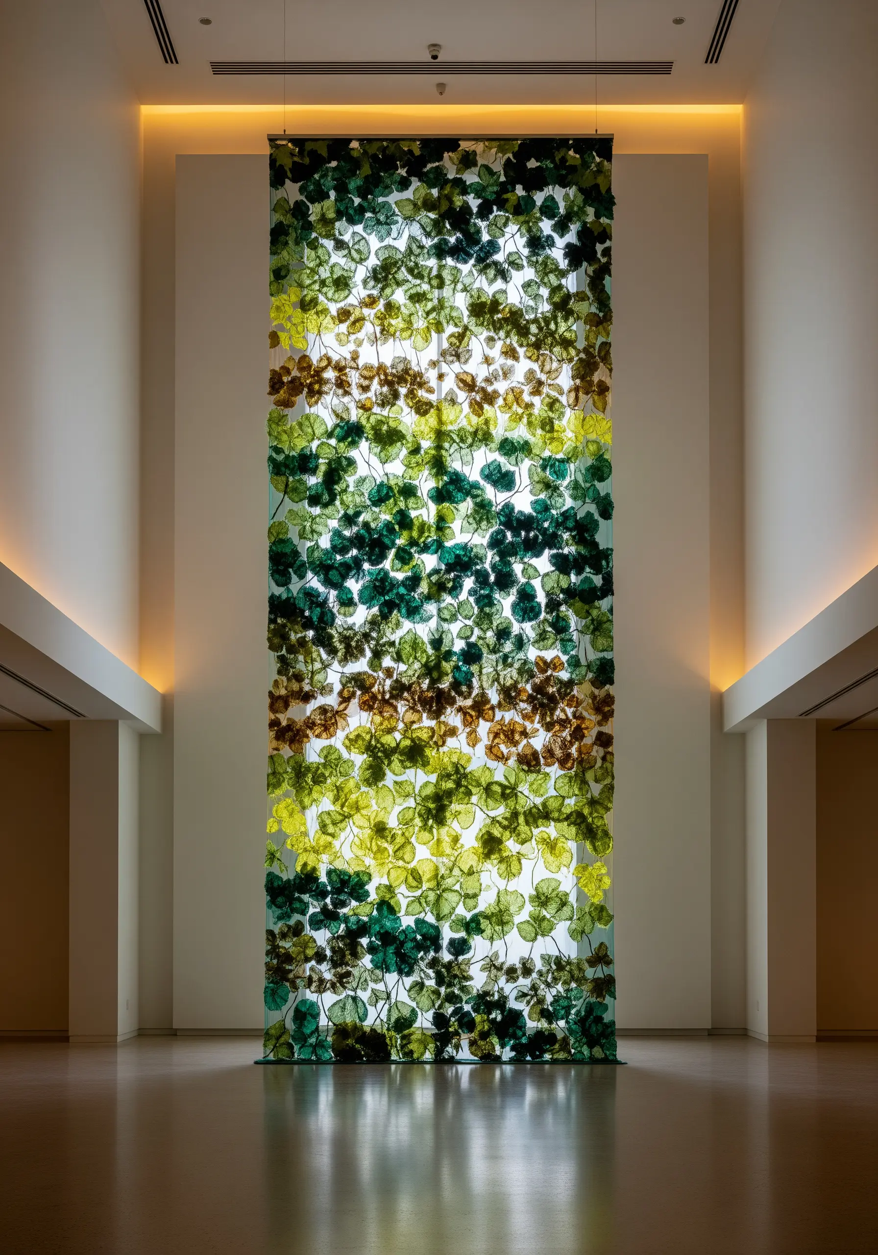 Large, backlit embroidery installation of green and brown leaves on sheer fabric.